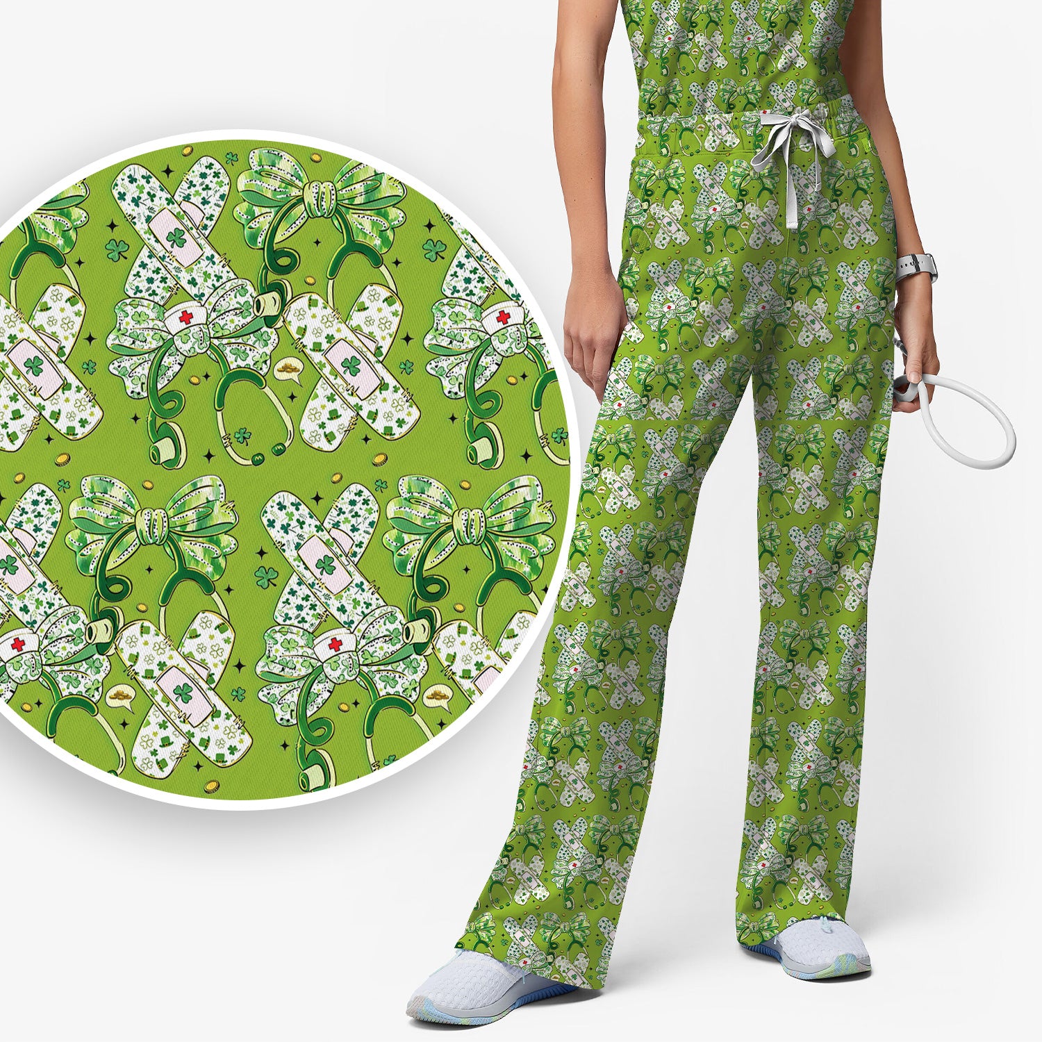St Patrick Shamrock Stethoscope Bow Print Scrub Set, Breathable Med Uniform