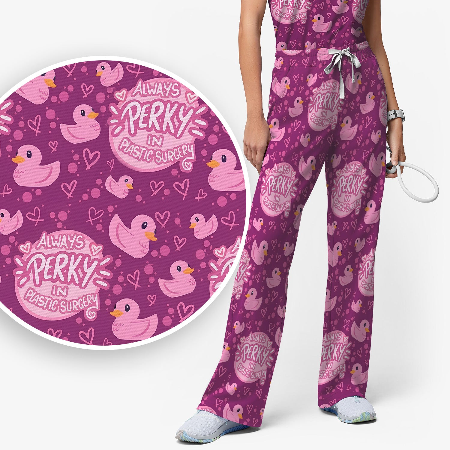 Always Perky Plastic Surgery Duck Pattern Scrub Set, Scrub Pants and V Neck Top