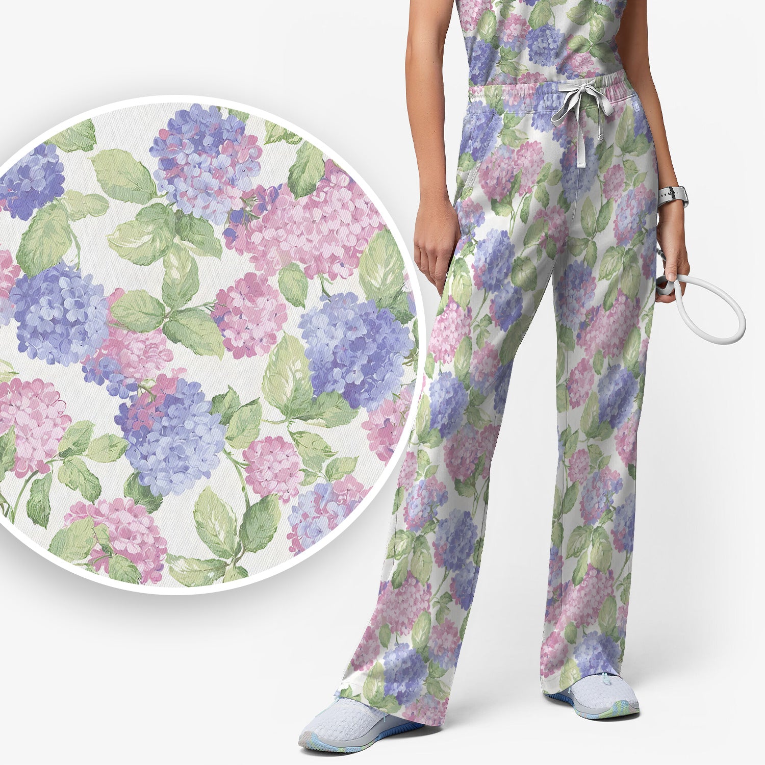 Soft Pastel Watercolor Hydrangea Floral Pattern Scrub Set, Scrub Pants and V Neck Top