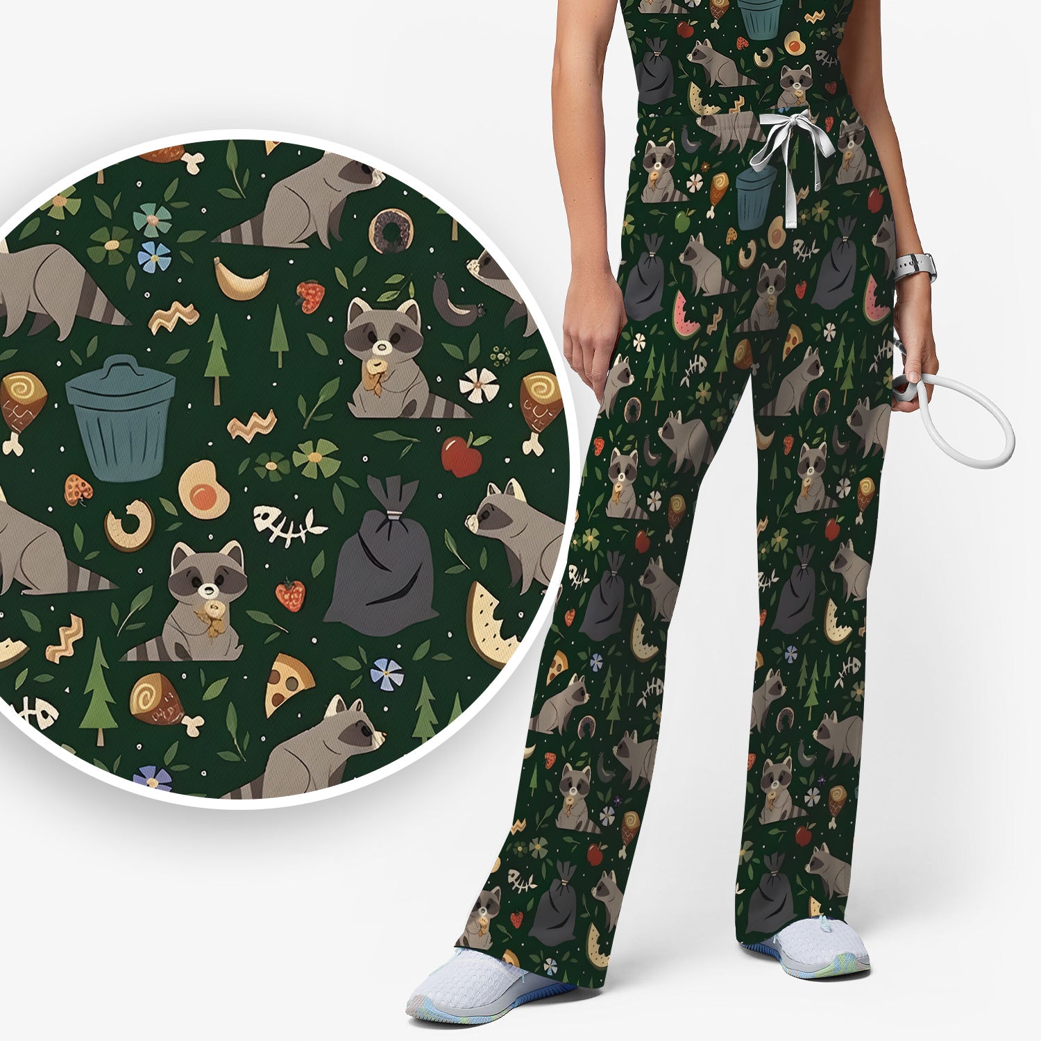 Cute Raccoon Forest Food Pattern Scrub Set, Scrub Pants and V Neck Top