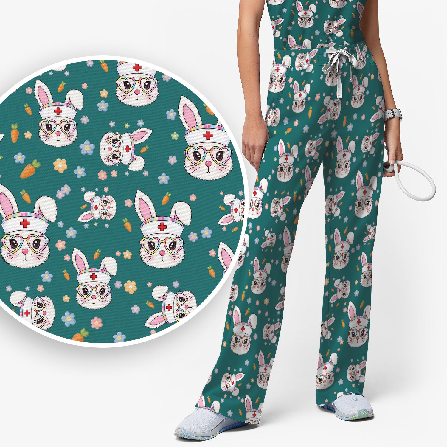 Cute Easter Bunny Nurse Pattern Scrub Set, Scrub Pants and V Neck Top