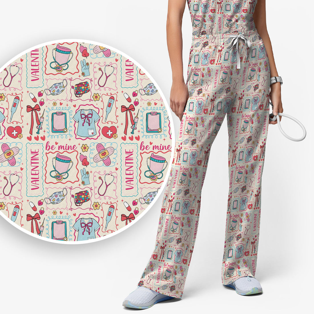 Valentine Medical Hearts Bandages Syringes Scrub Set, Breathable Med Uniform