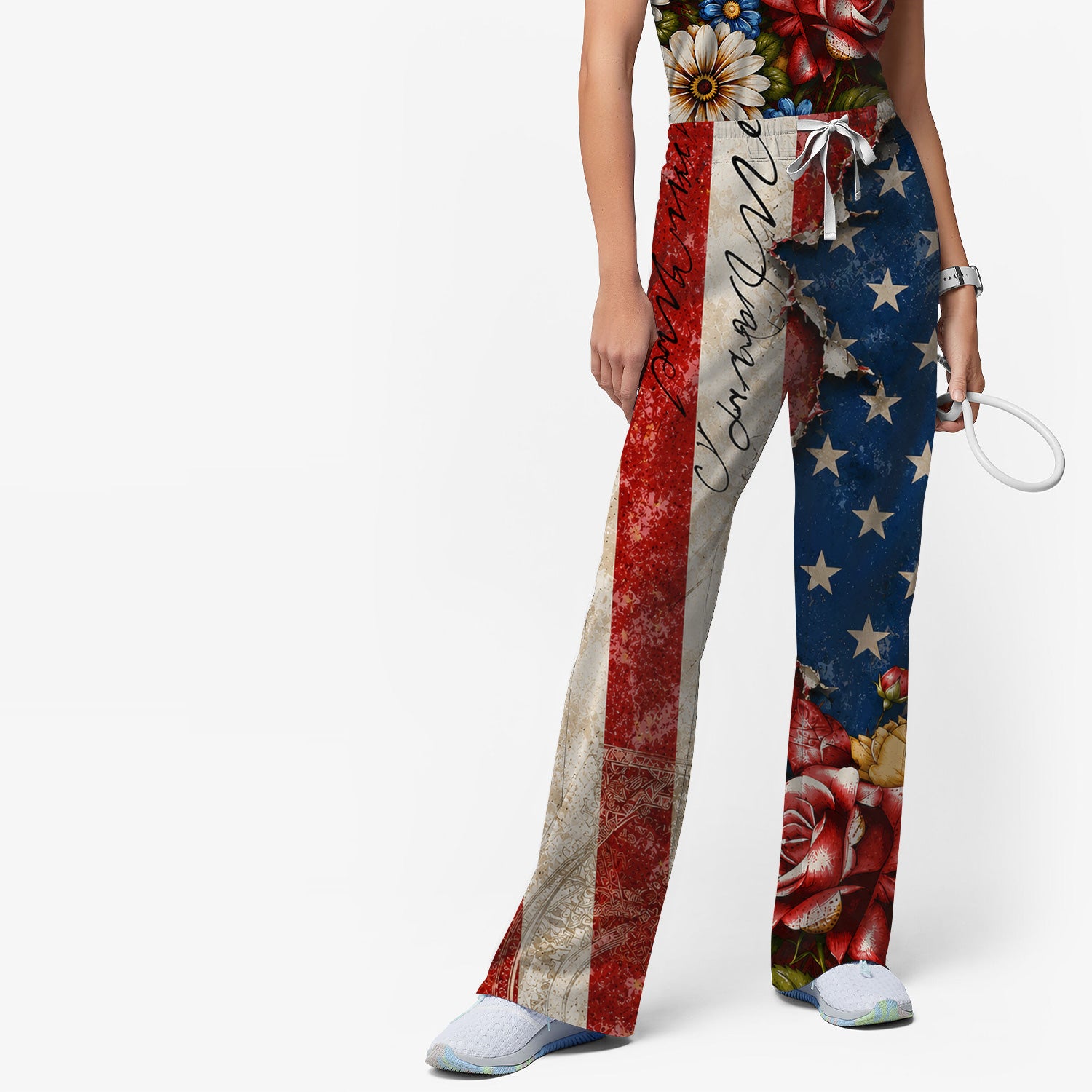 American Flag Vintage Rose Floral Pattern Scrub Set, Scrub Pants and V Neck Top