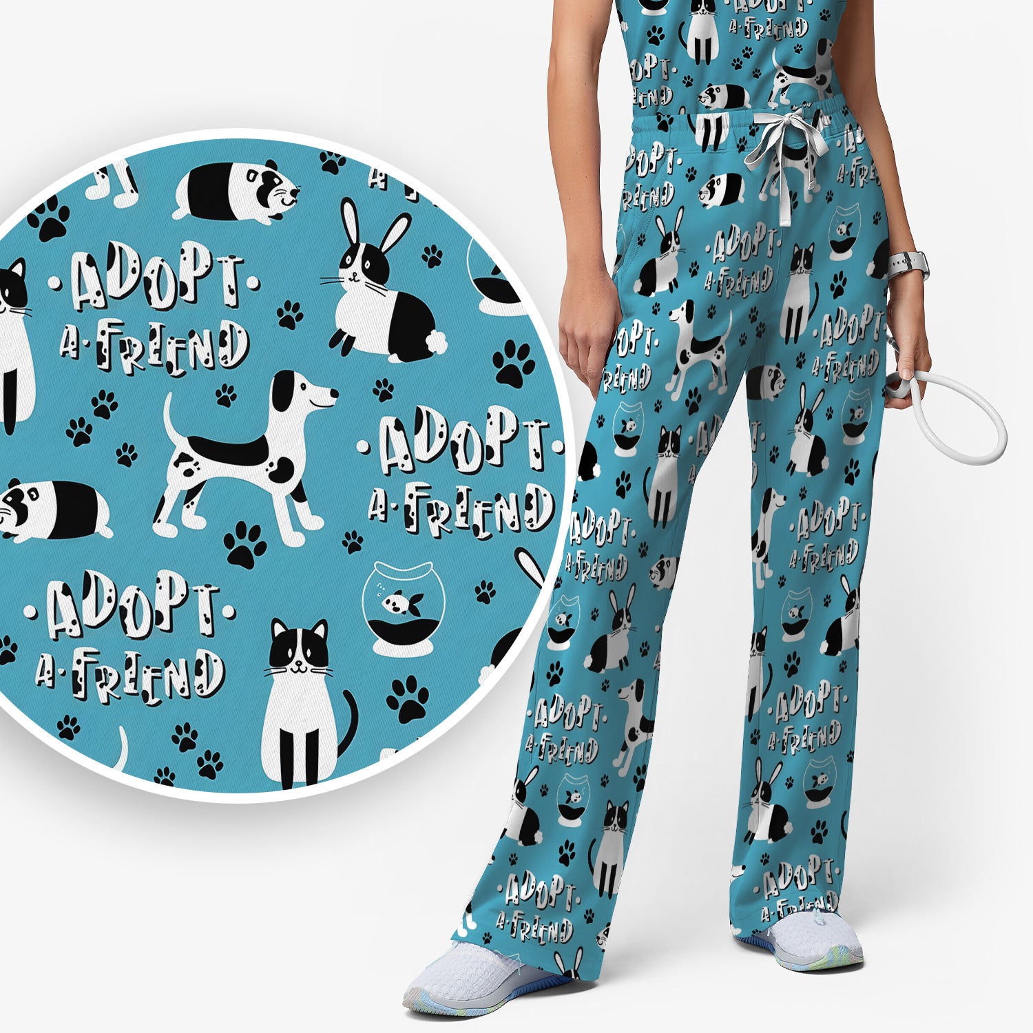Cute Adopt A Friend Pet Pattern Scrub Set, Scrub Pants and V Neck Top