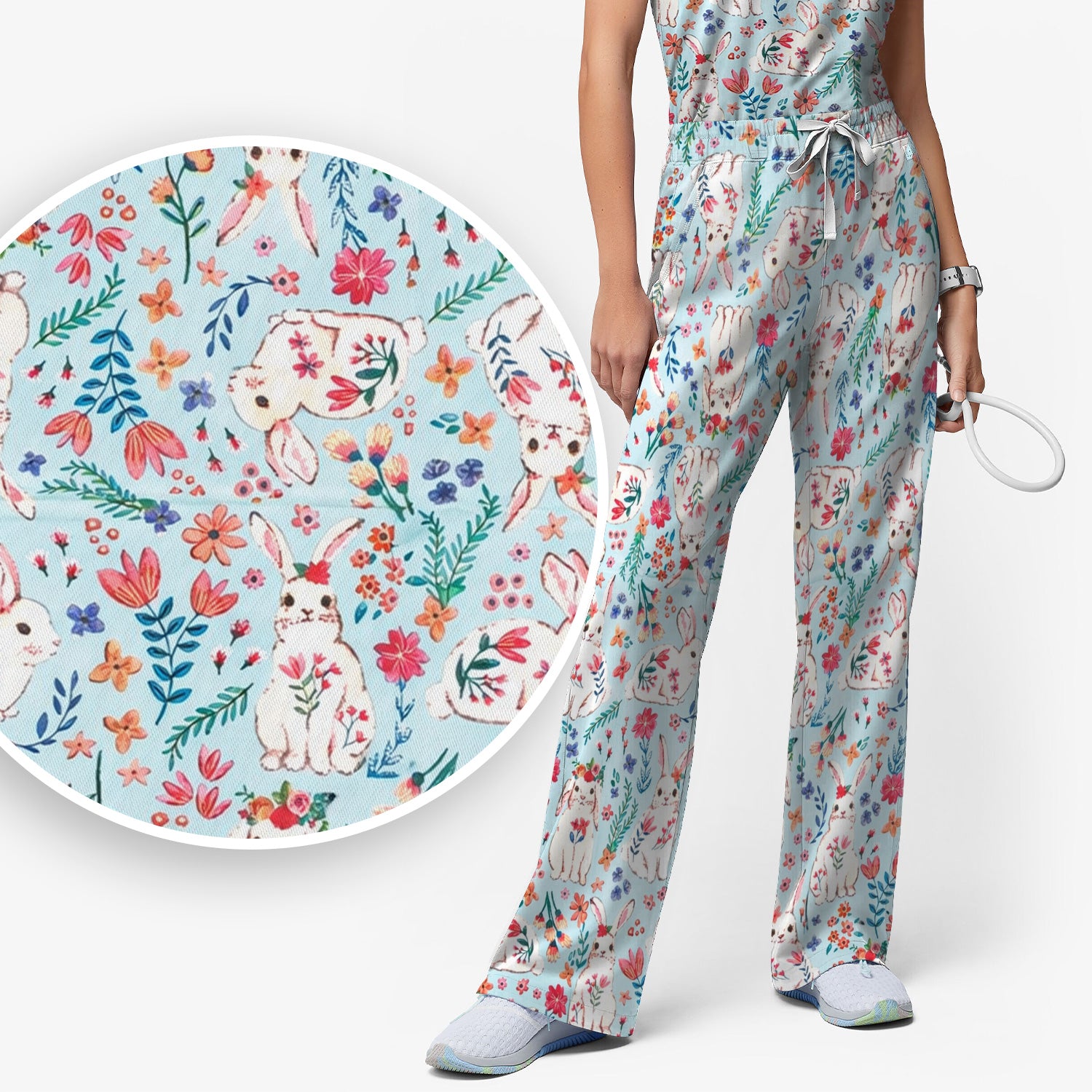 Springtime Bunny Floral Pattern Scrub Set, Scrub Pants and V Neck Top