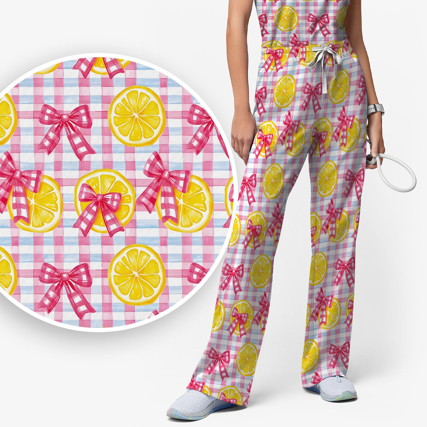 Cute Lemon Slice Pink Bow Gingham Pattern Scrub Set, Scrub Pants and V Neck Top
