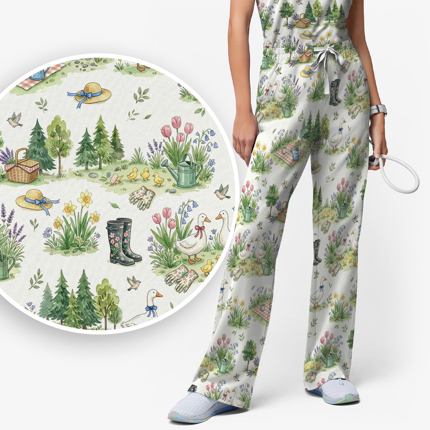 Cute Duck Garden Pattern Scrub Set, Spring Floral Countryside Scrub Pants and V Neck Top