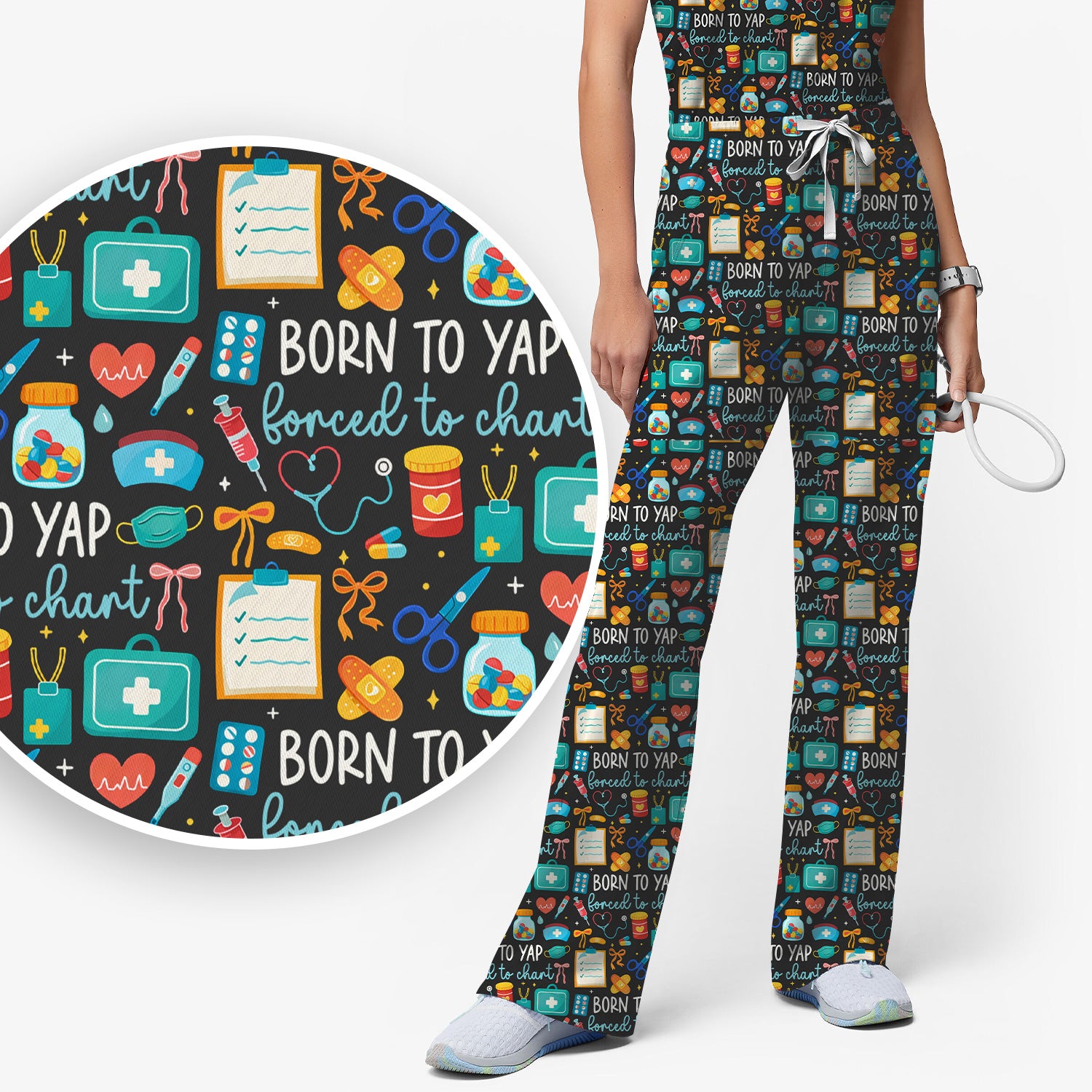 Born To Yap Medical Tools Pattern Scrub Set, Scrub Pants and V Neck Top