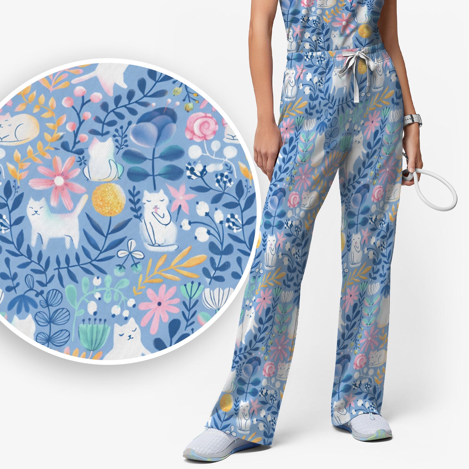 Whimsical Cat Floral Pattern Scrub Set, Women's Scrub Sets