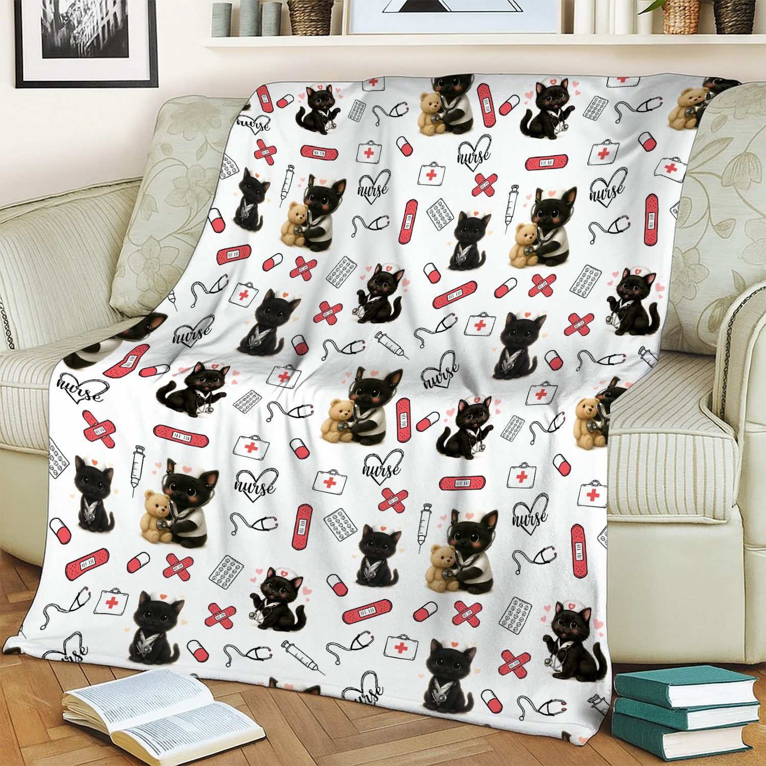 Cute Nurse Blanket with Black Cat Pattern - Funny RN CNA LPN Throw - Gift for Cat Lover Healthcare