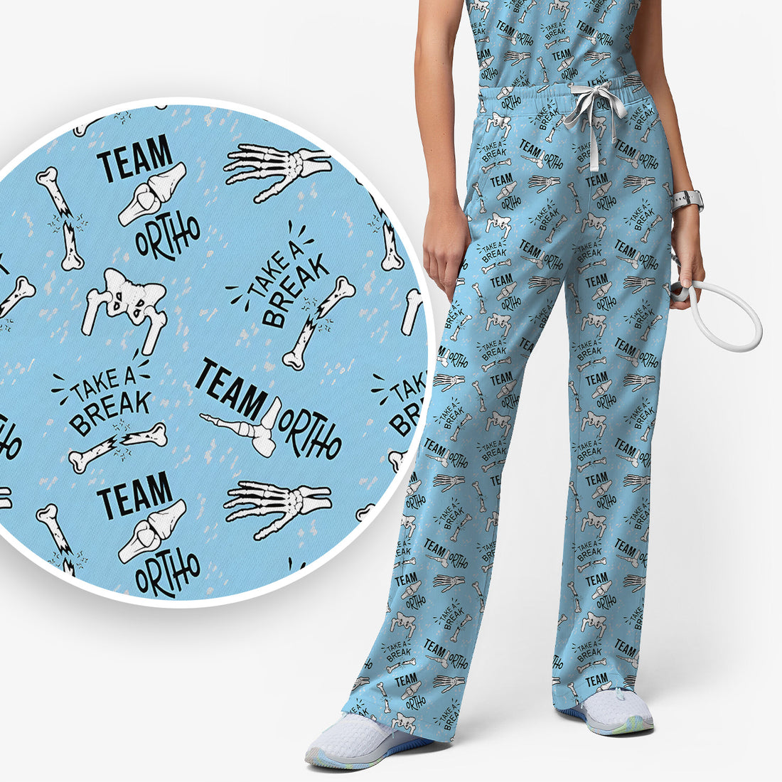 Team Ortho Bone Joint Print Scrub Set, Scrub Pants and V Neck Top