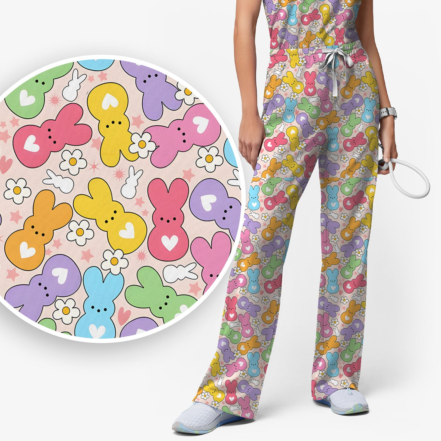 Sweet Pastel Bunny Daisy Pattern Scrub Sets, Scrub Pants and V Neck Top