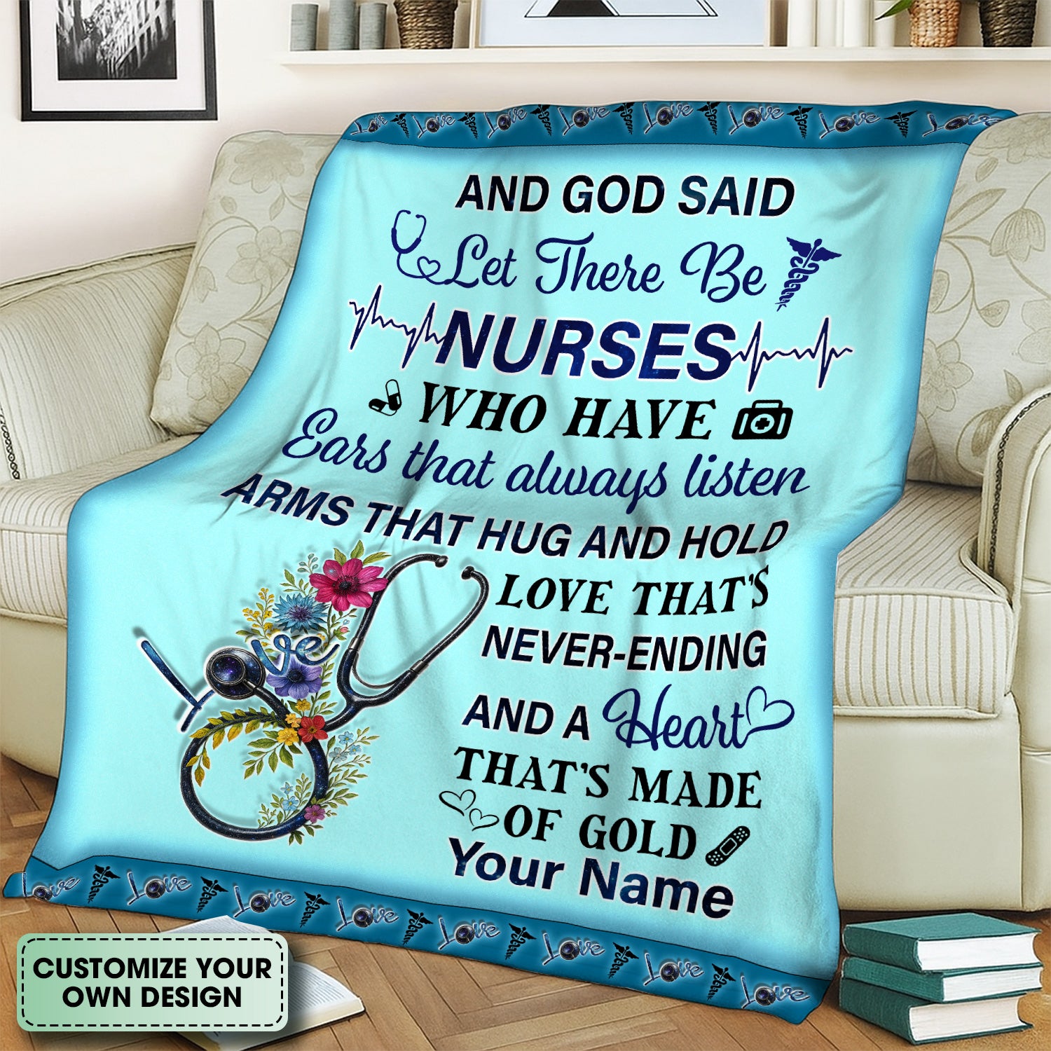 Personalized God Said Let There Be Nurses Blanket - Custom Name Floral Throw for Healthcare Heroes - Christian Gift for RN LPN CNA