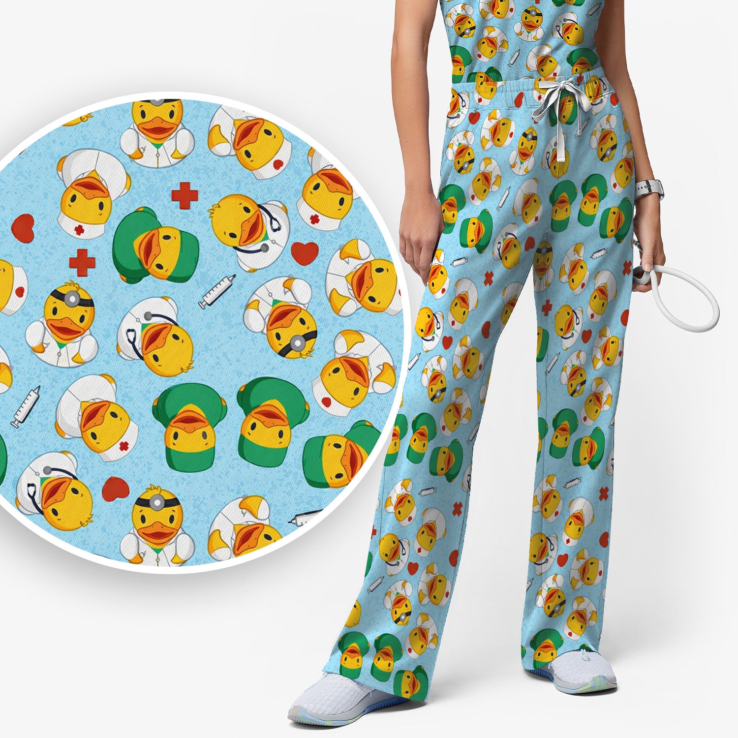 Duck Doctor Cartoon Pattern Scrub Set, Scrub Pants and V Neck Top