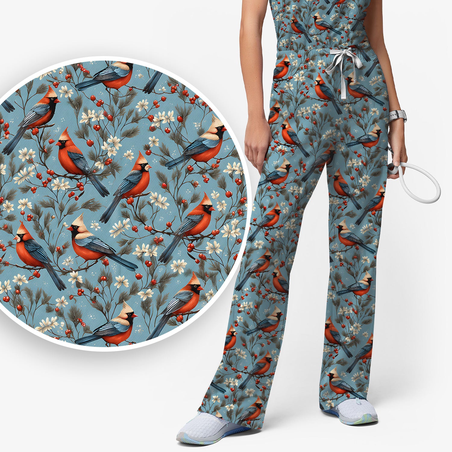 Cute Cardinal Berry Blossom Pattern Scrub Set, Scrub Pants and V Neck Top