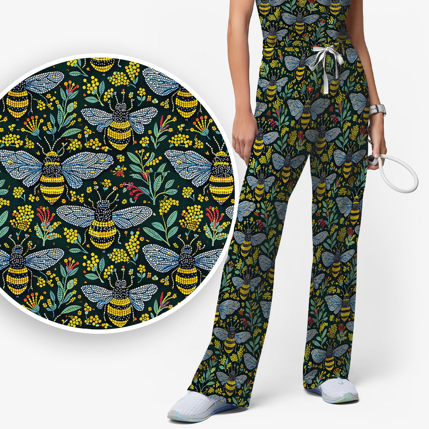 Honey Bee And Wildflower Garden Pattern Scrub Set, Scrub Pants and V Neck Top