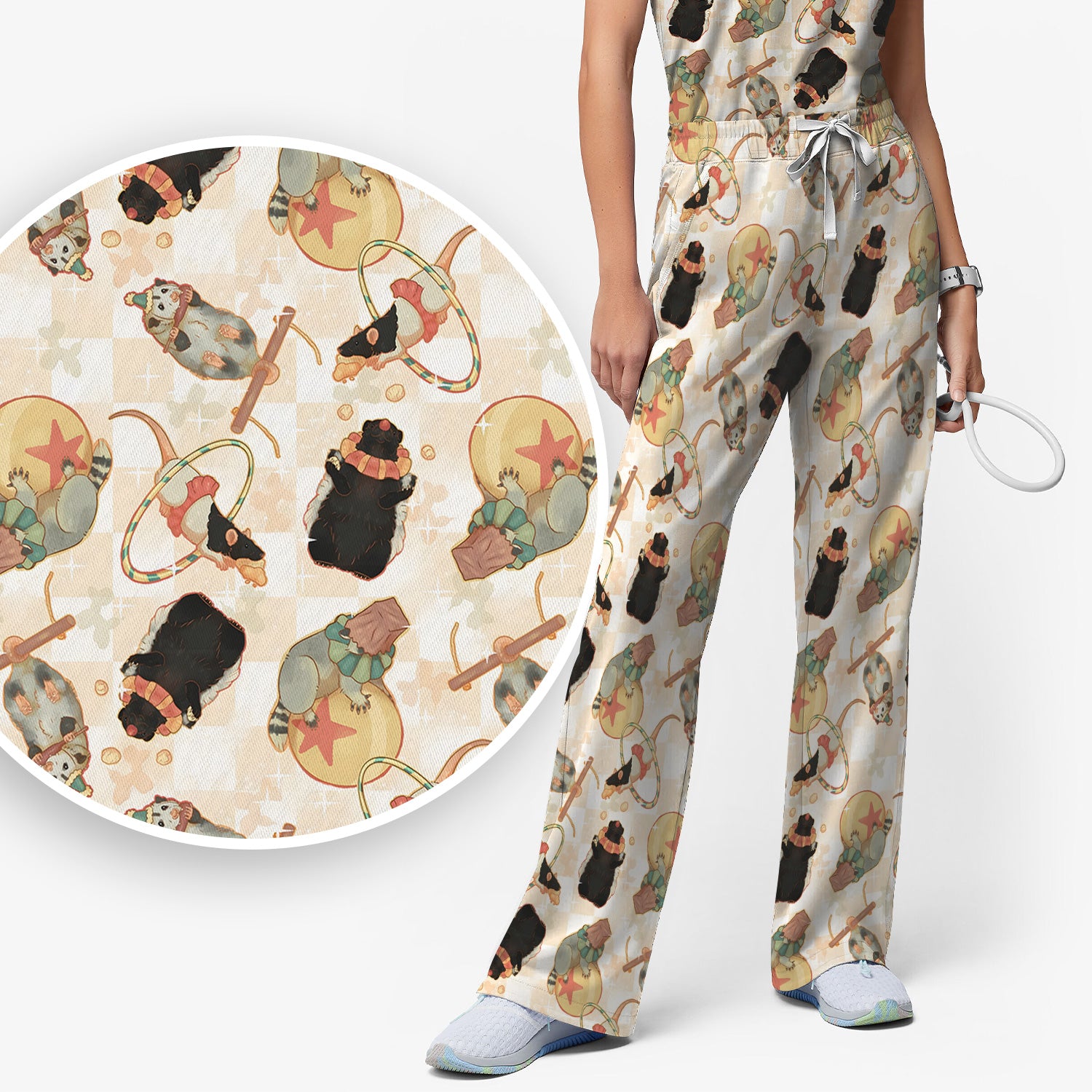 Cute Circus Animal Mouse Acrobat Pattern Scrub Set, Scrub Pants and V Neck Top