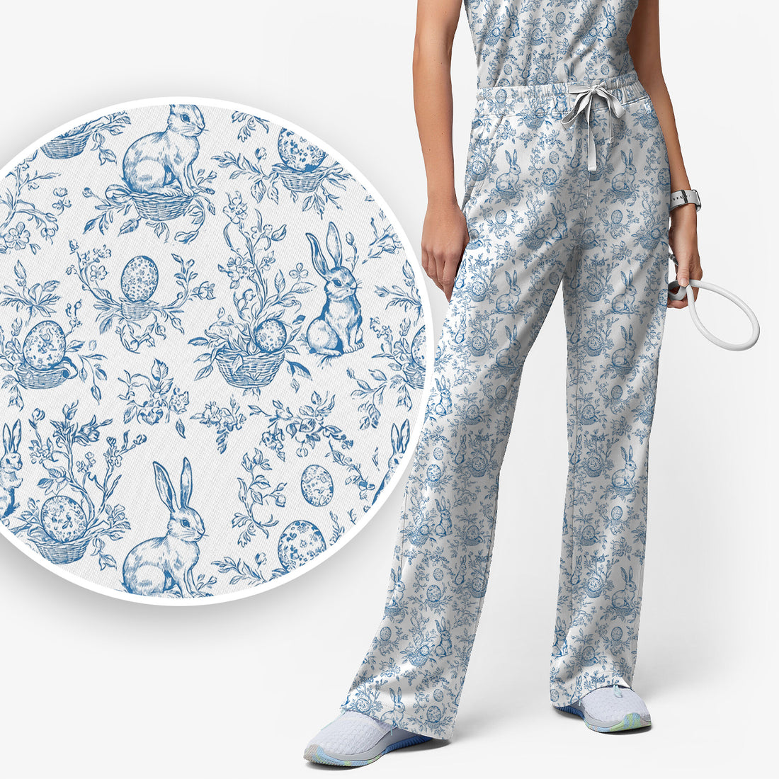 Easter Bunny Floral Egg Toile Pattern Design Print Set, Women's Scrub Sets