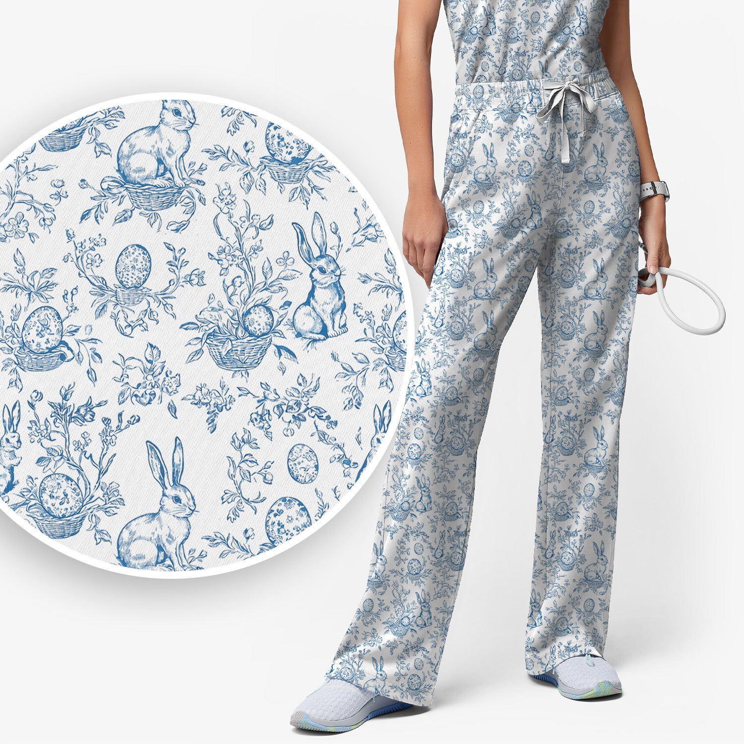 Easter Bunny Floral Egg Toile Pattern Design Print Set, Women's Scrub Sets