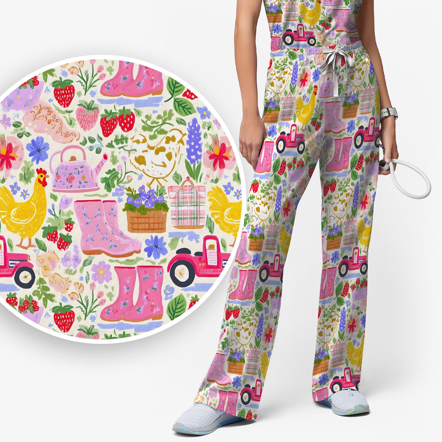 Cute Farm Garden Chicken Pattern Scrub Set, Scrub Pants and V Neck Top