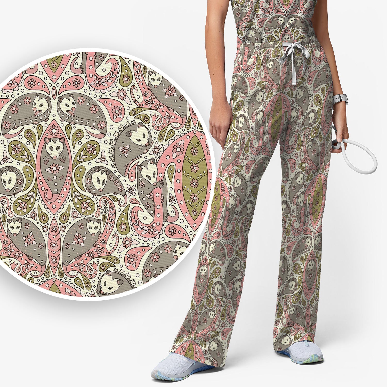 Opossum Paisley Pattern Scrub Set, Scrub Pants and V Neck Top
