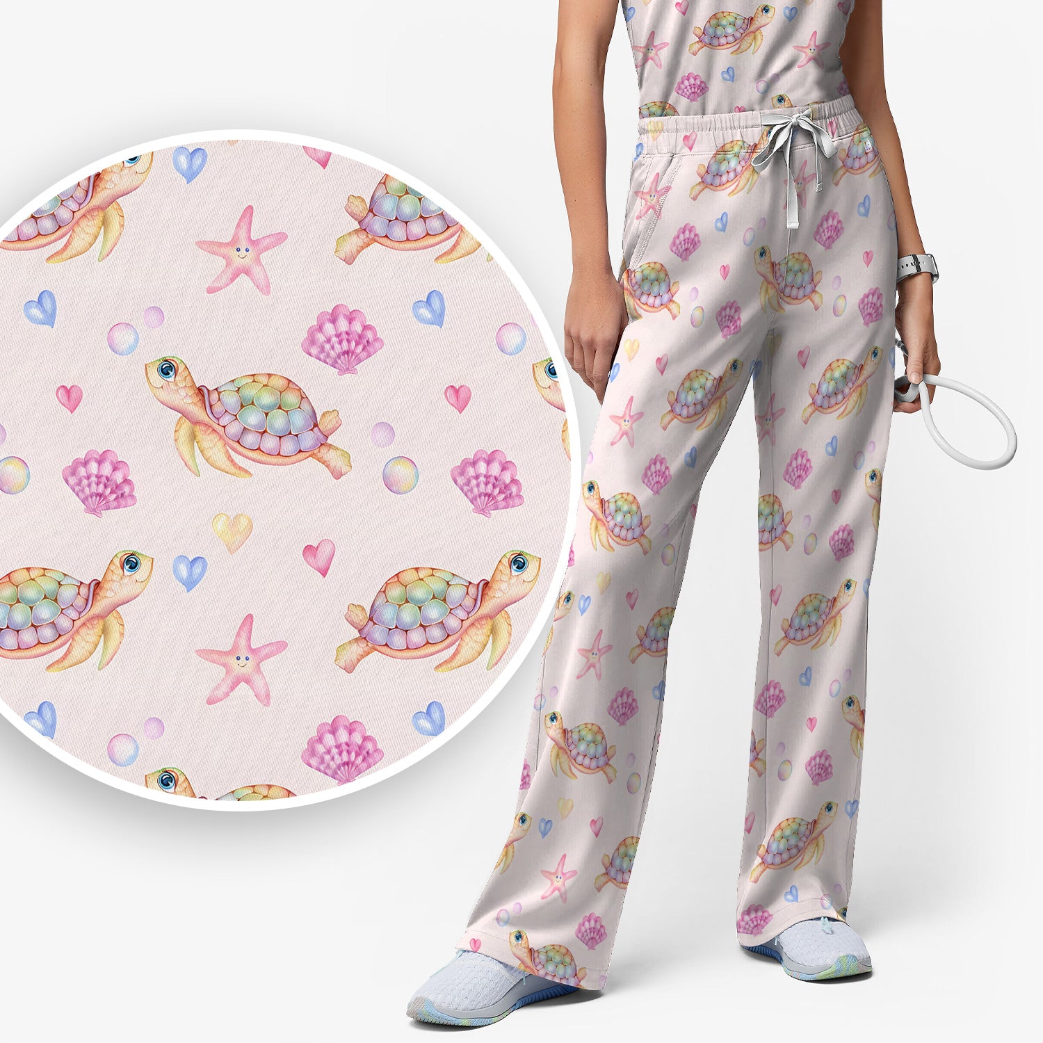 Sea Turtle Ocean Print Scrub Set, Scrub Pants and V Neck Top