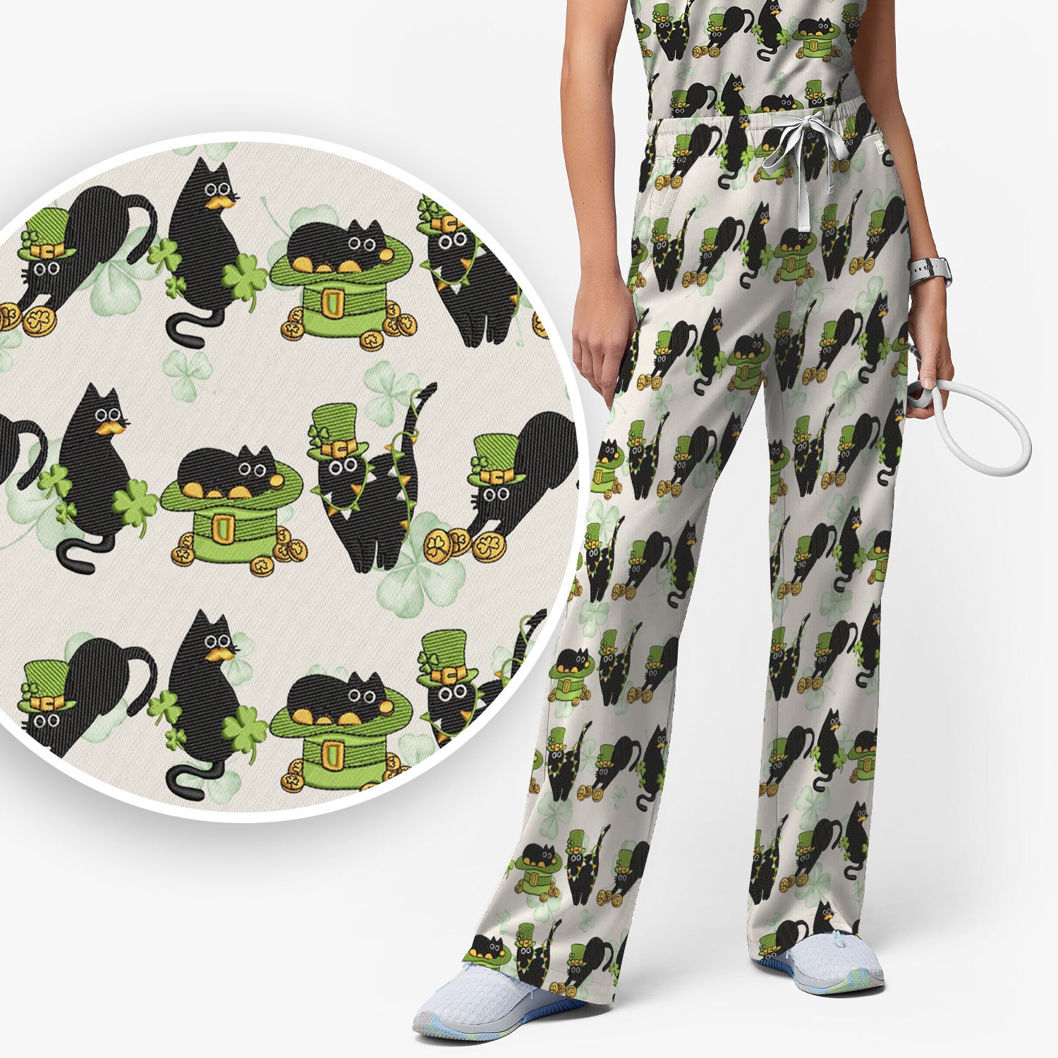 St. Patrick Black Cat Clover Print Women's Scrub Set, Breathable Med Uniform