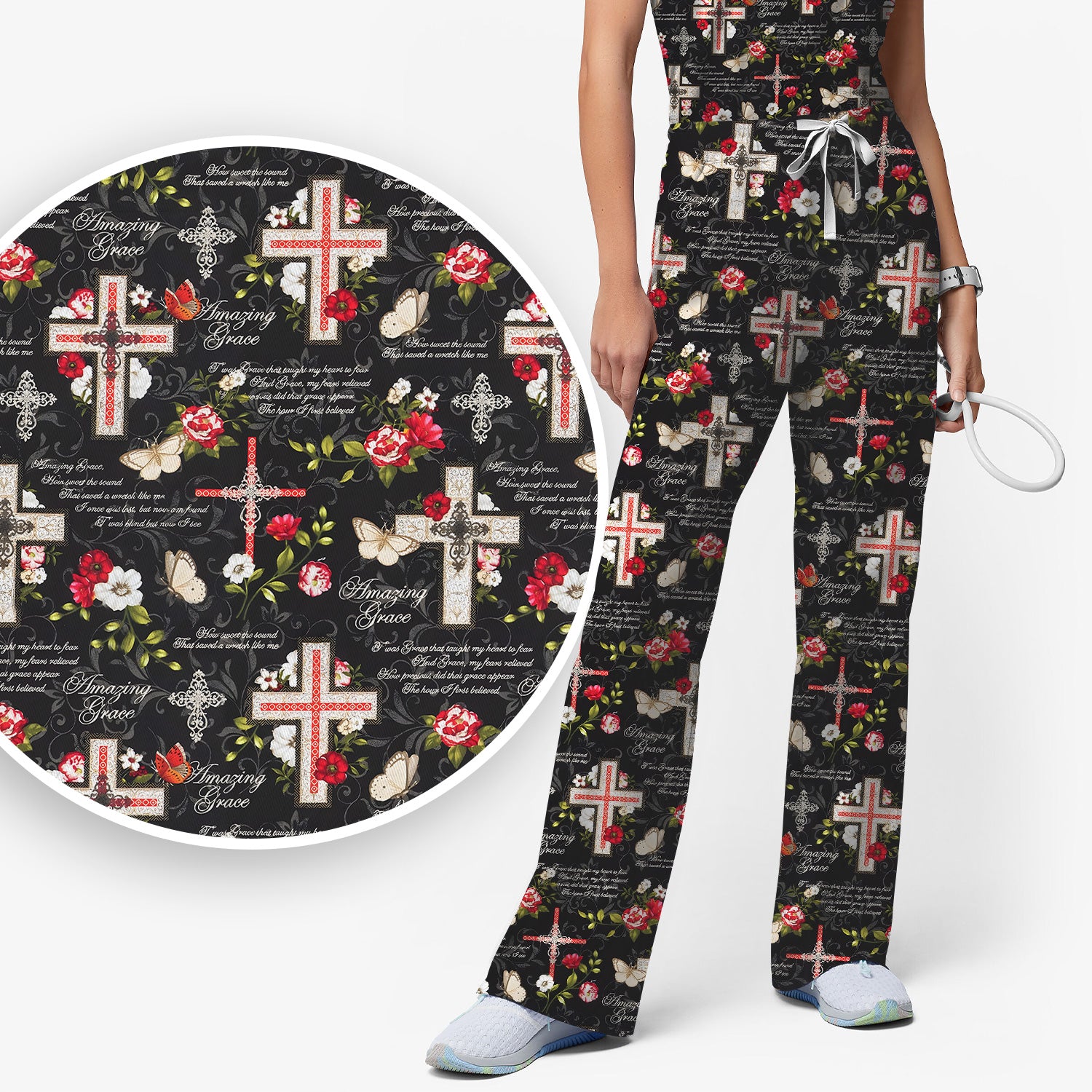 Christian Cross Roses And Butterflies Print Scrub Set, Scrub Pants and V Neck Top