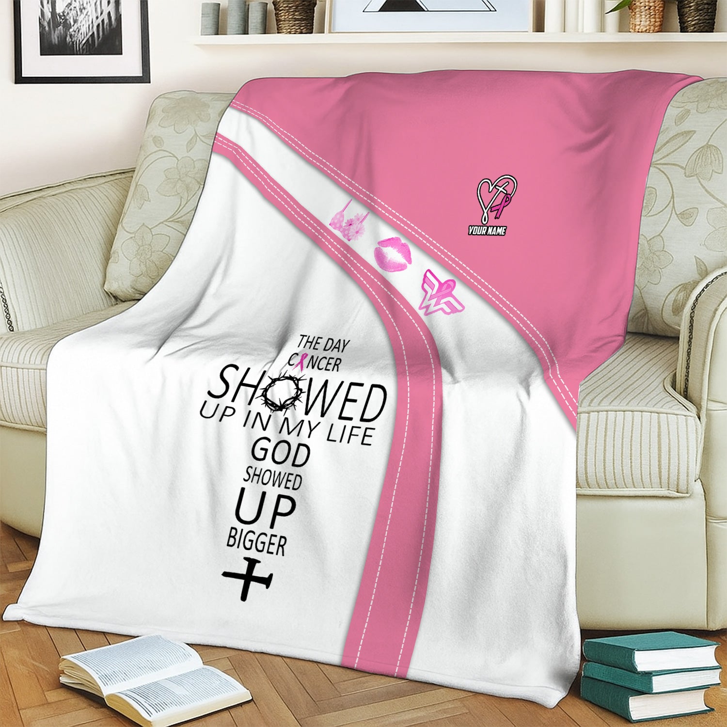 Personalized Christian Breast Cancer Blanket - God Showed Up Bigger Faith Quote - Gift for Women RN LPN CNA
