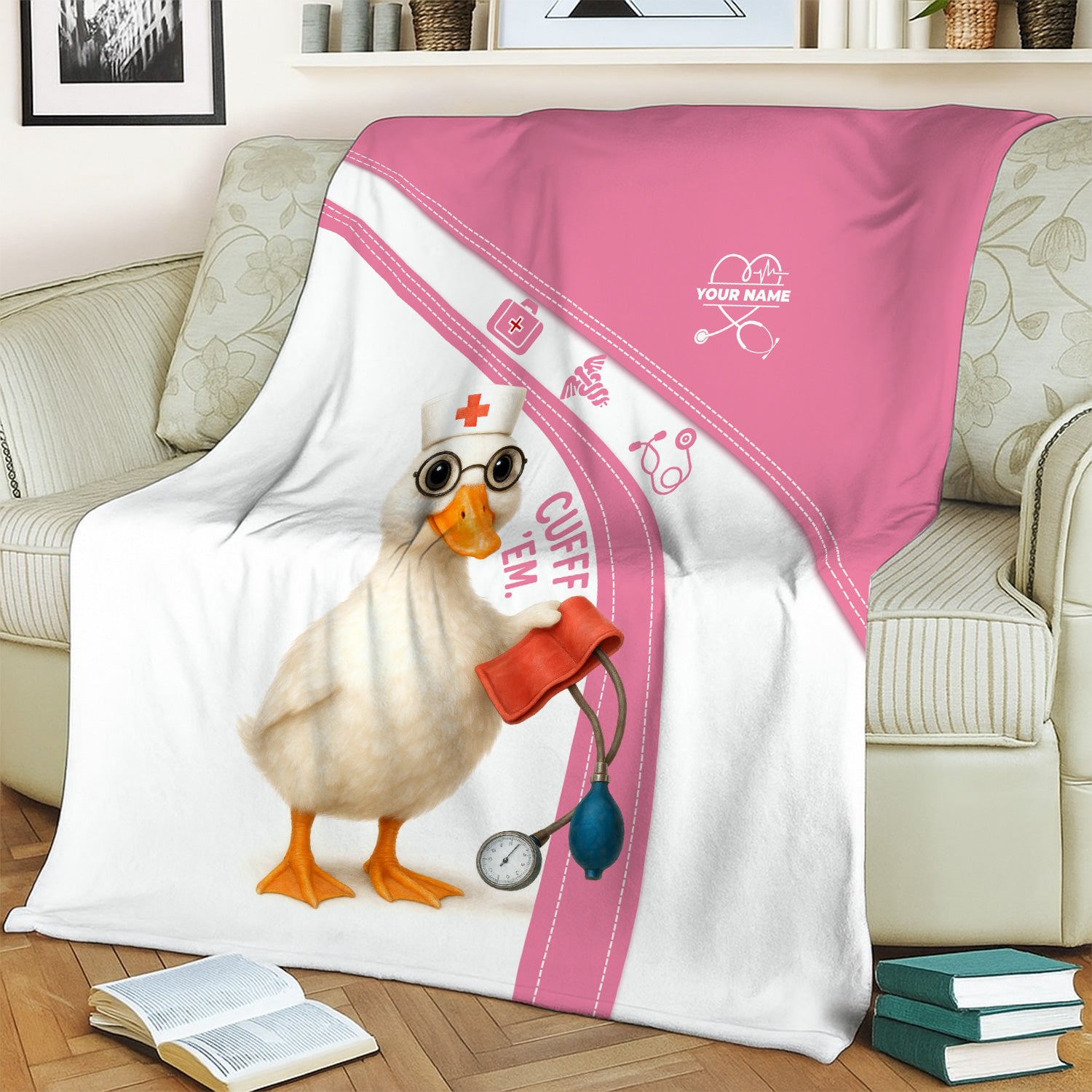 Personalized Funny Nurse Blanket - Duck Nurse with Blood Pressure Cuff Design - Custom Name Gift for RN LPN CNA Doctors and Medical Staff
