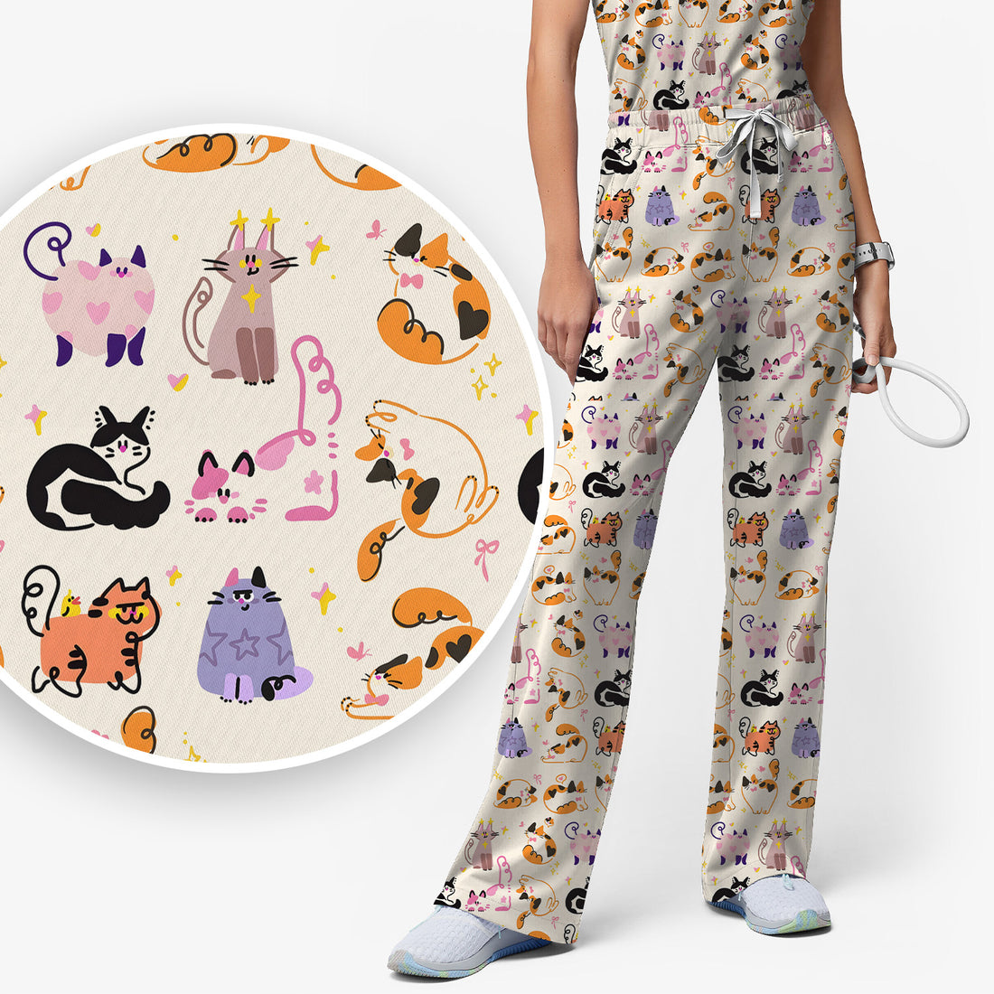 Funny Cat Pattern Scrub Set, Cute Cats Nursing Uniform For Women
