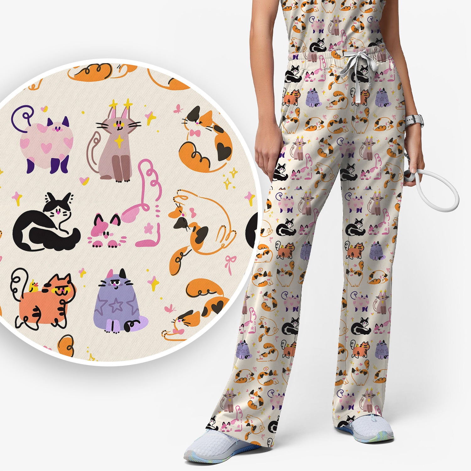Funny Cat Pattern Scrub Set, Cute Cats Nursing Uniform For Women