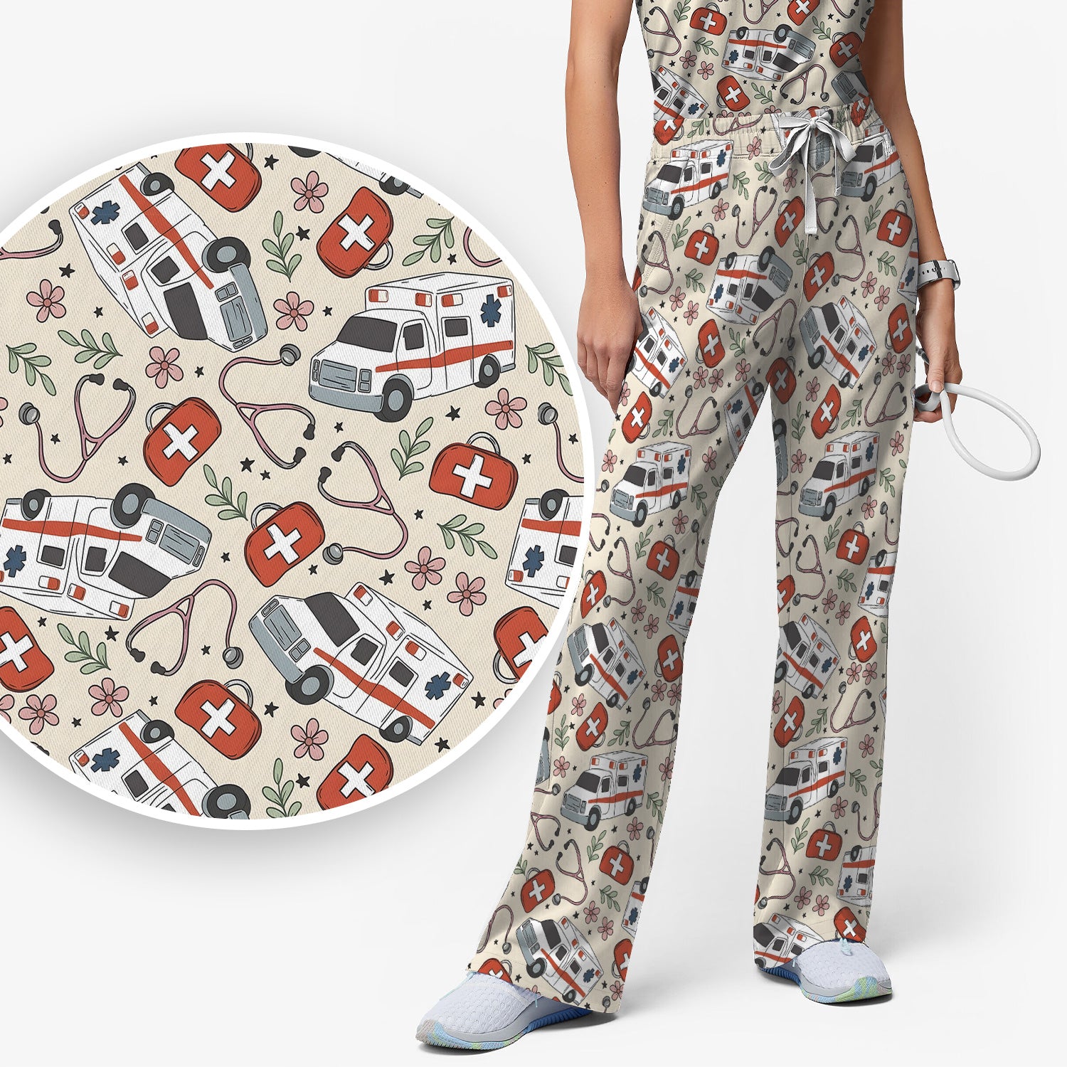 Ambulance Stethoscope First Aid Floral Pattern Scrub Set, Scrub Pants and V Neck Top
