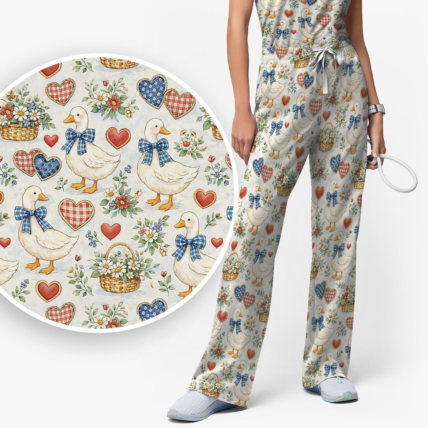 Cute Duck Heart Floral Nurse Pattern Scrub Set, Scrub Pants and V Neck Top