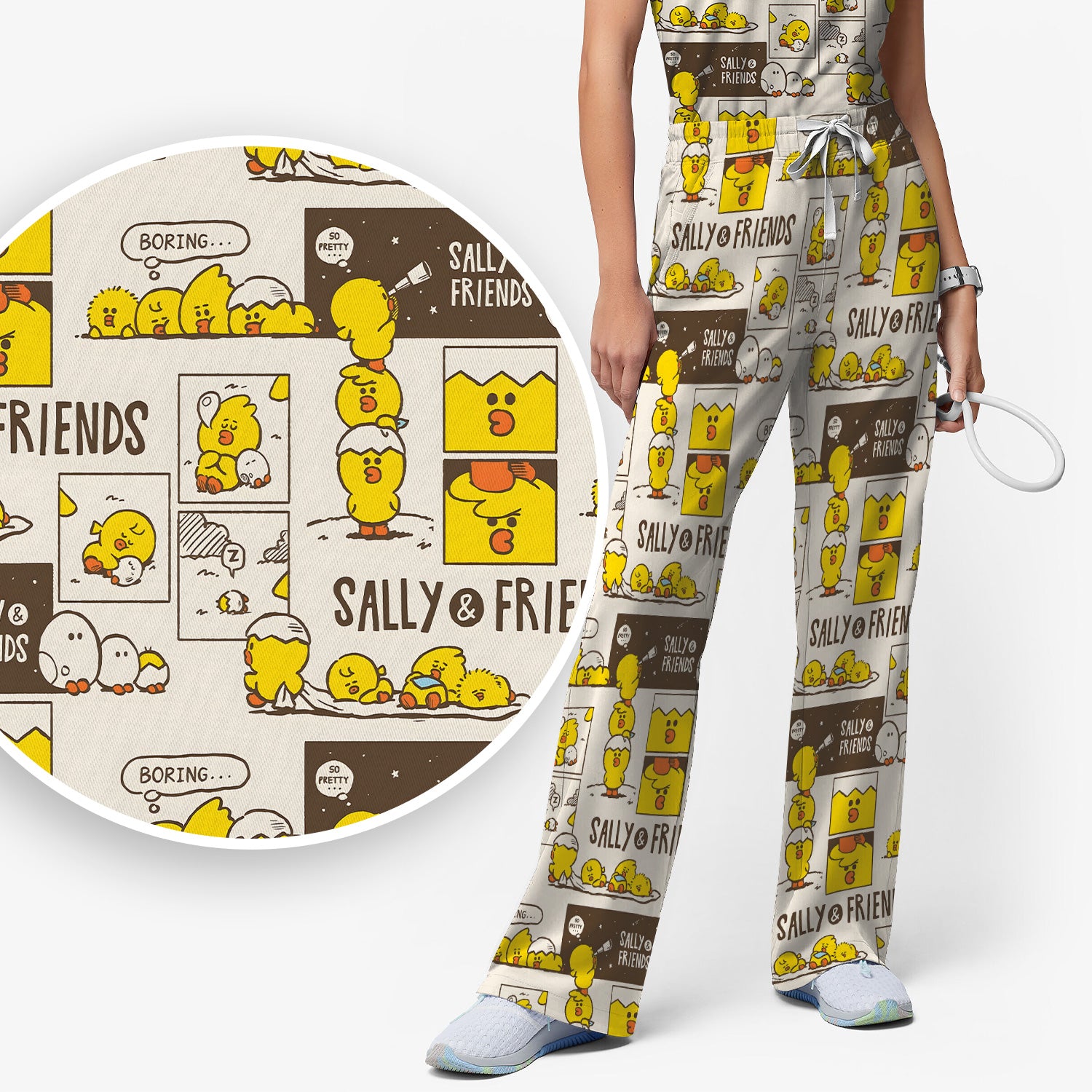 Cute Cartoon Chick Comic Pattern Scrub Set, Scrub Pants and V Neck Top