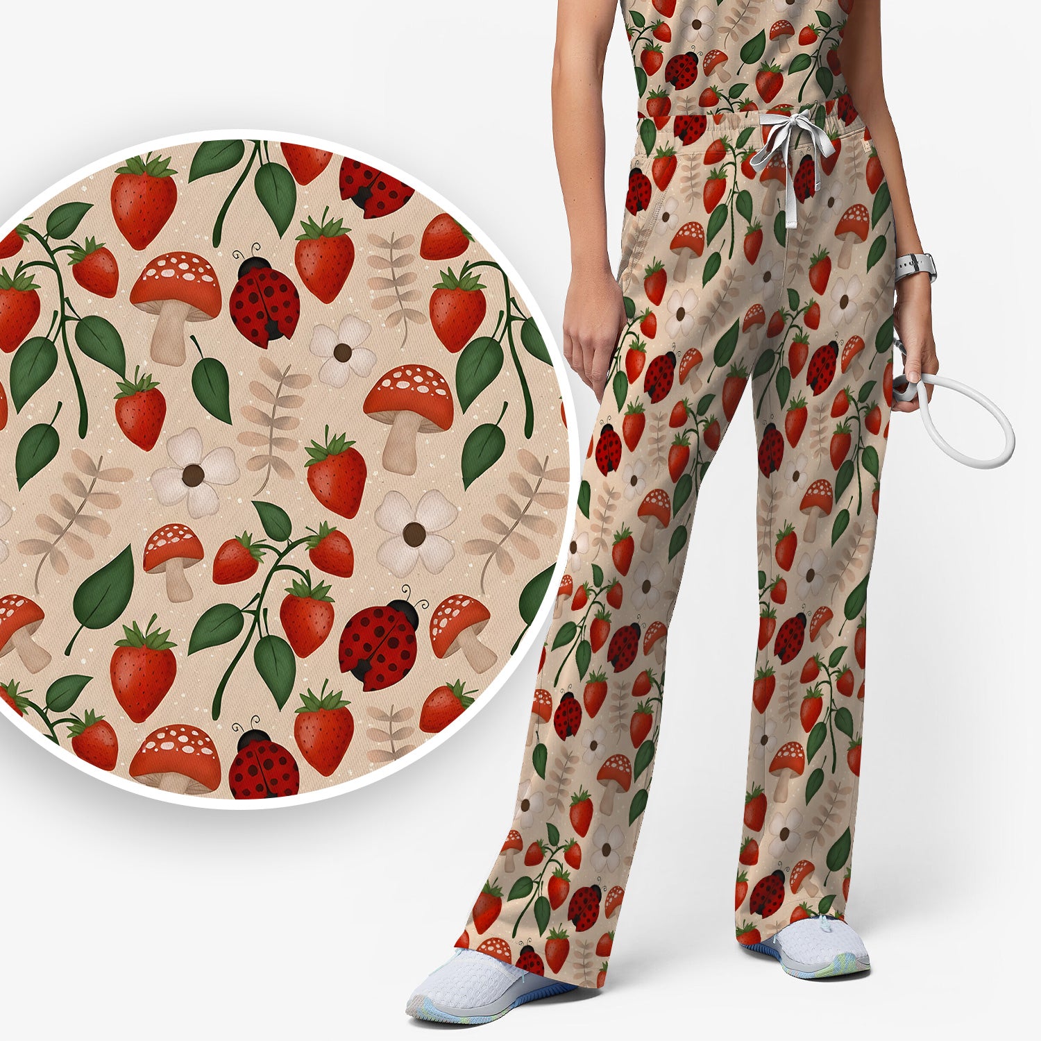 Strawberry Ladybug Mushroom Floral Scrub Set, Scrub Pants and V Neck Top