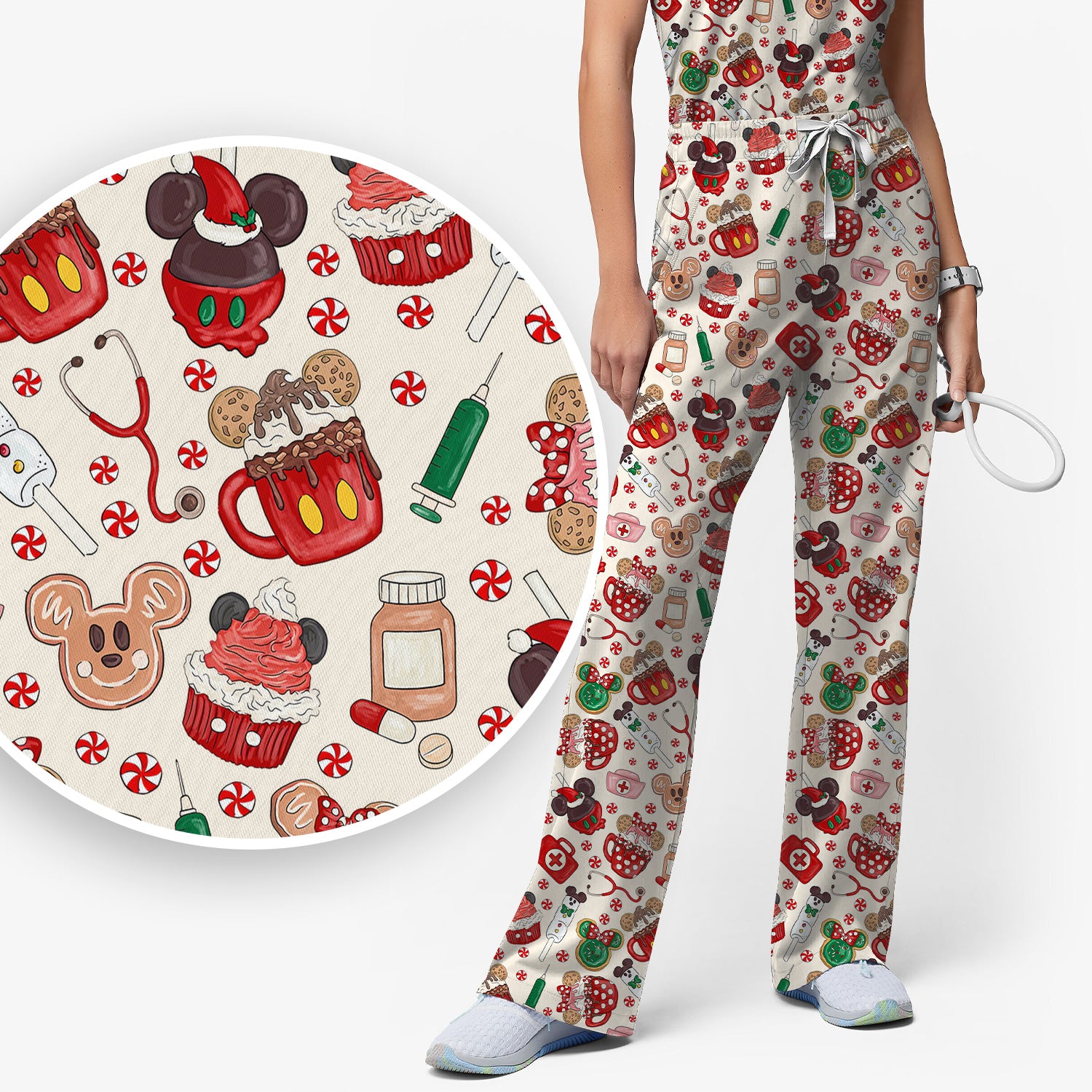 Gingerbread Christmas Comfortable Scrub Set for Nurses - Funny Cookies Candy Cupcake Pants and V Neck Top - Holiday Med Uniform