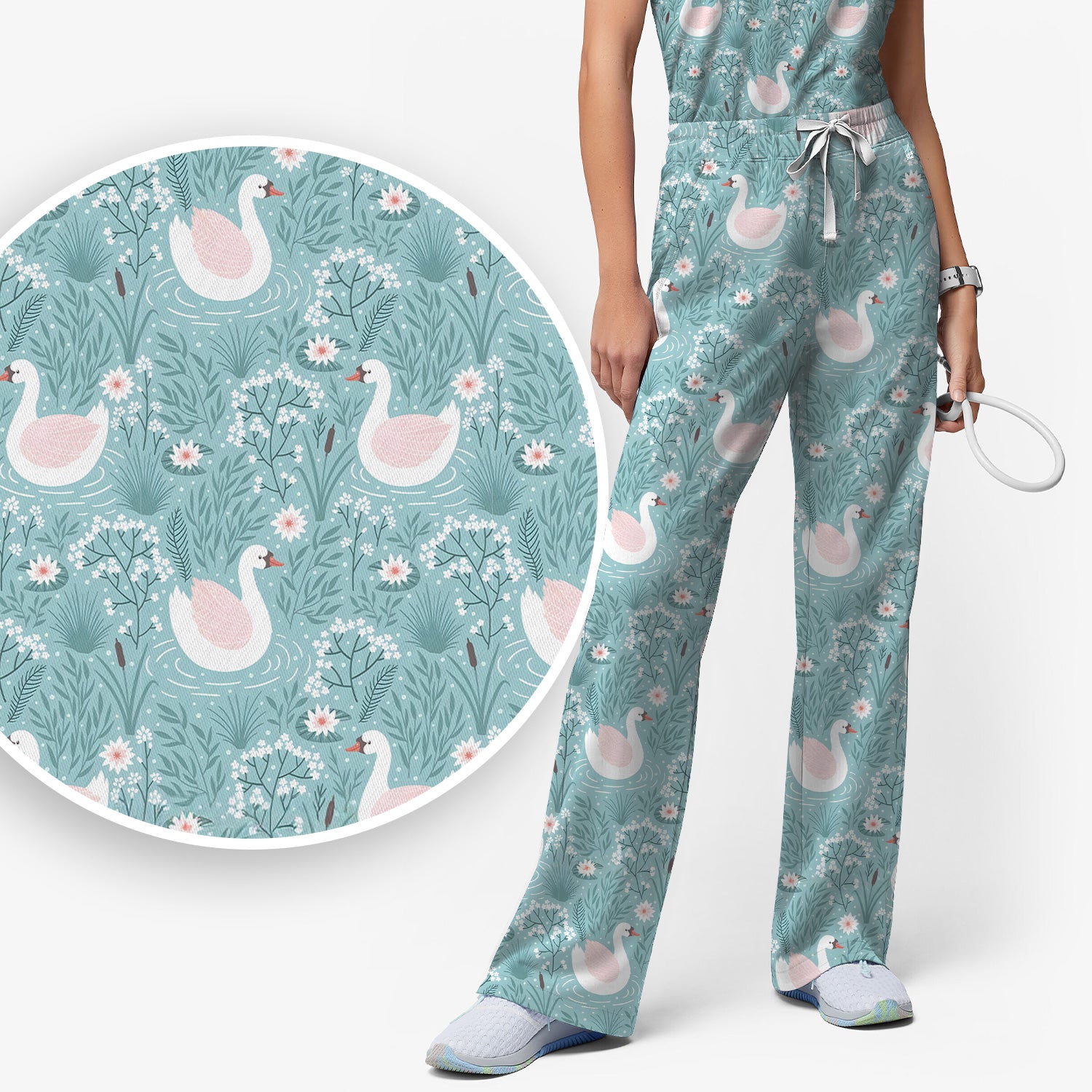Sweet Swan Waterlily Garden Pattern Scrub Set, Scrub Pants and V Neck Top