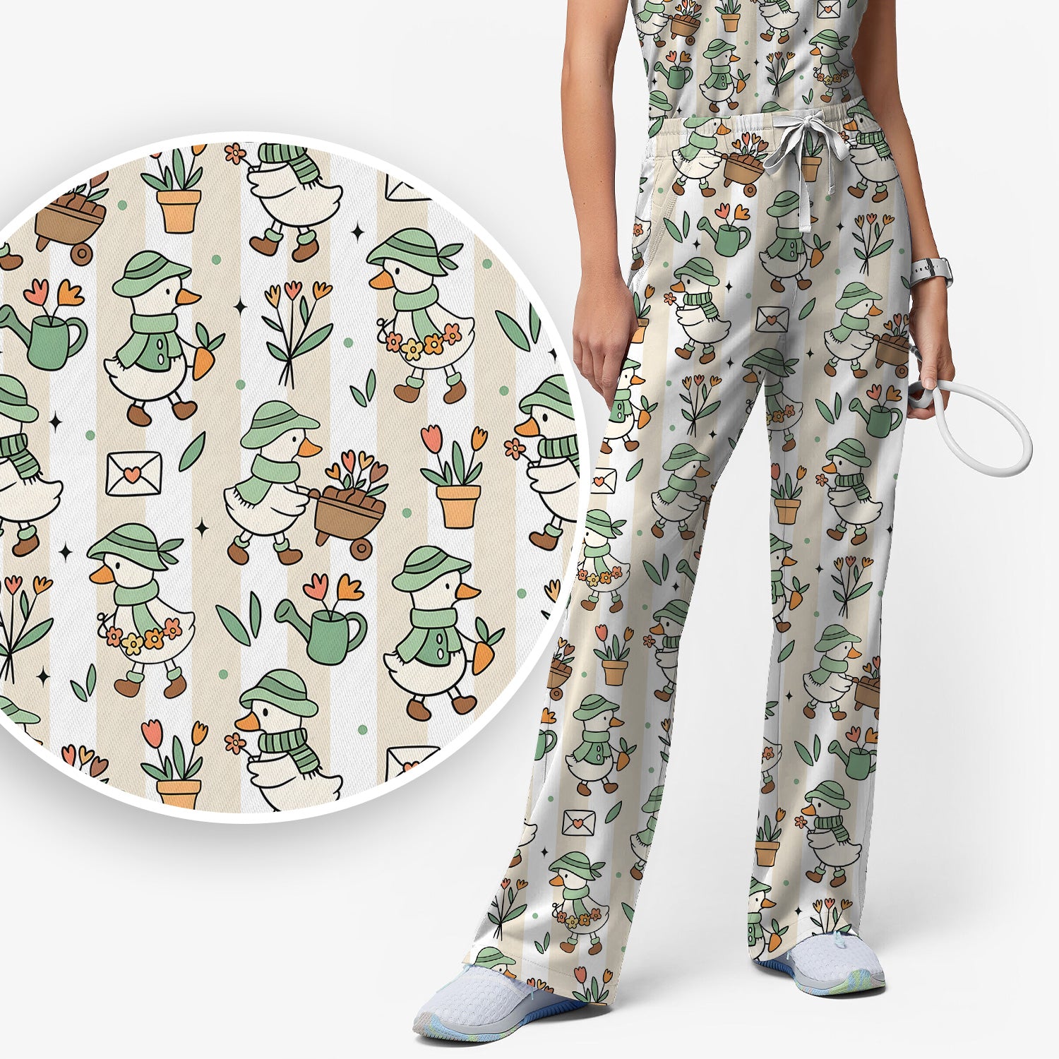 Cute Gardening Duck Floral Pattern Scrub Set, Scrub Pants and V Neck Top