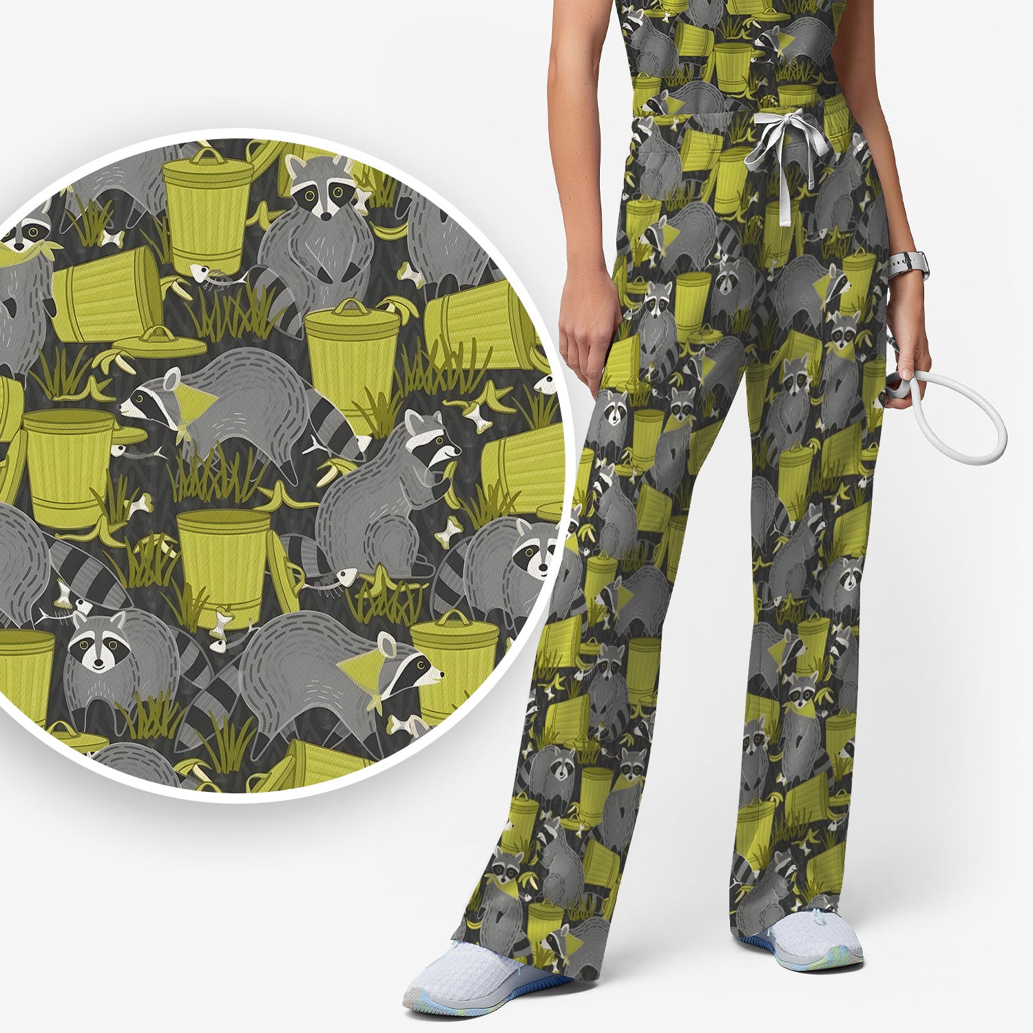 Cute Raccoon Trash Panda Pattern Scrub Set, Scrub Pants and V Neck Top