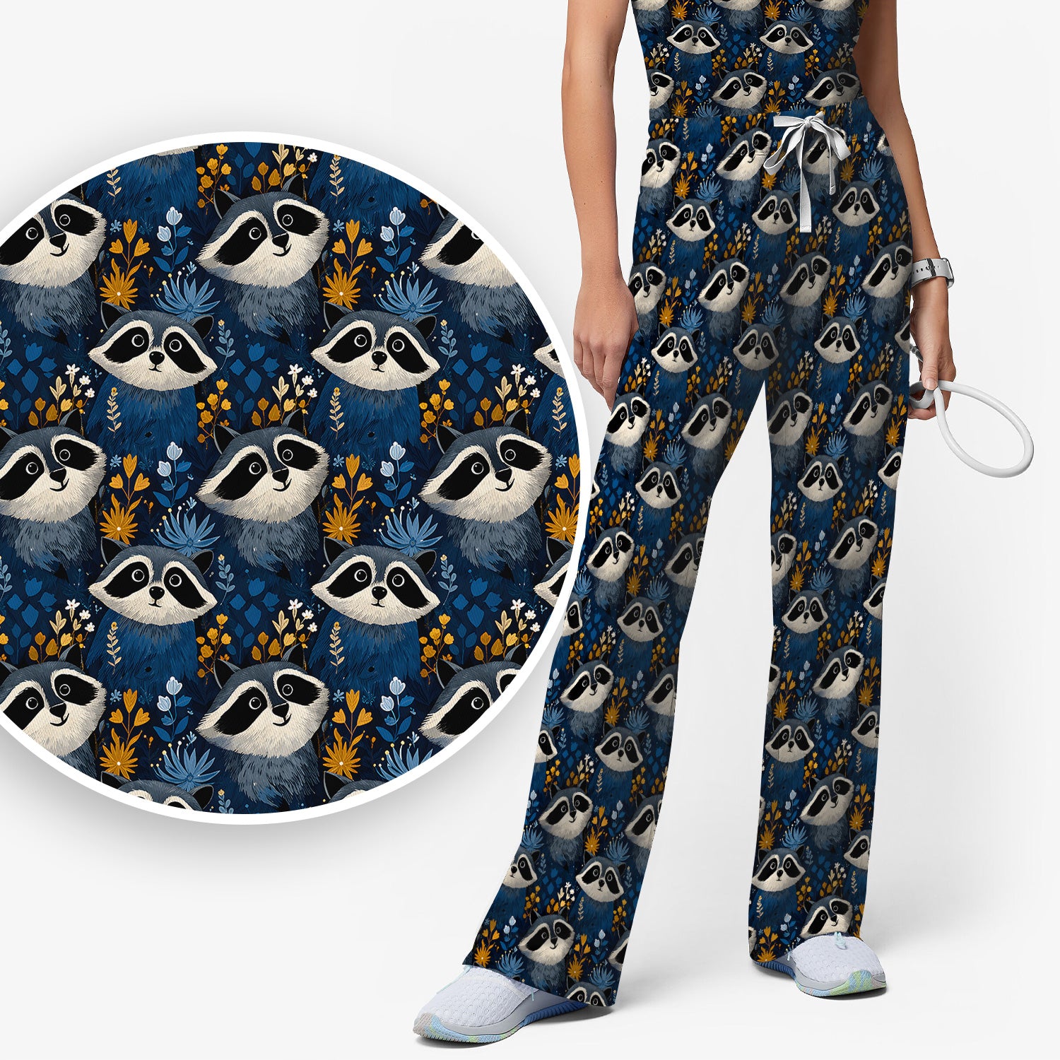 Raccoon With Blue Floral Forest Pattern Scrub Set, Scrub Pants and V Neck Top