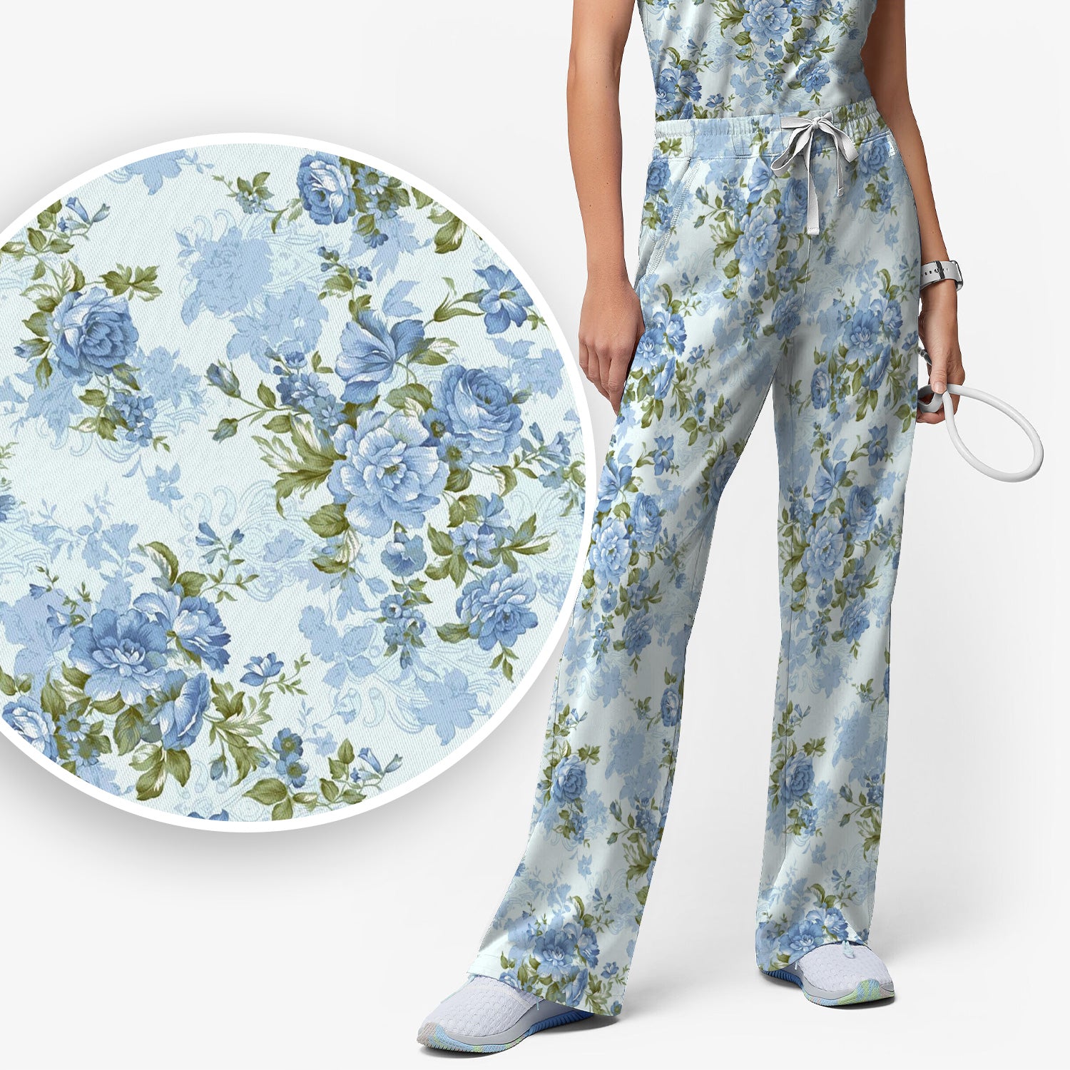 Cute Blue Floral Pattern Scrub Set, Scrub Pants and V Neck Top