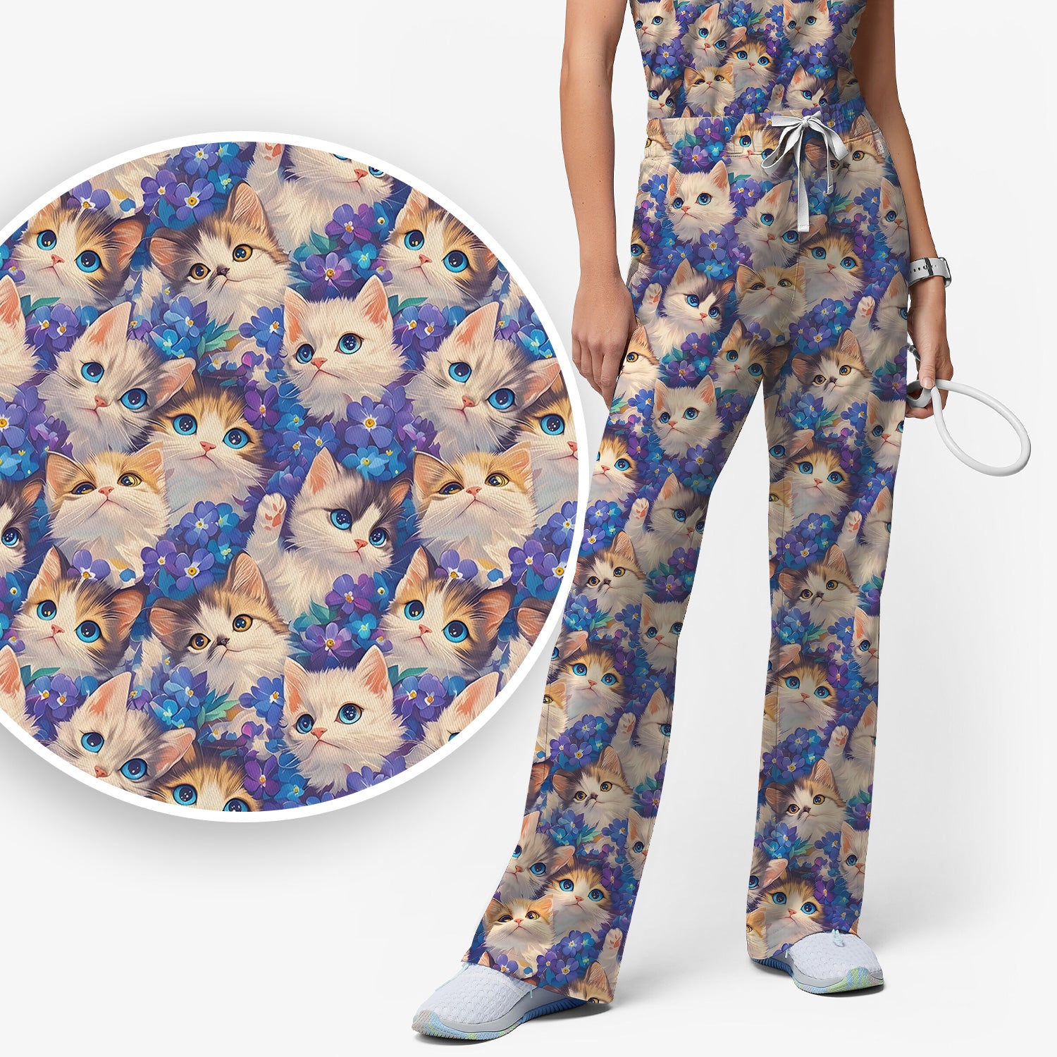 Cute Blue Eyed Kitten Pattern Scrub Set, Scrub Pants and V Neck Top