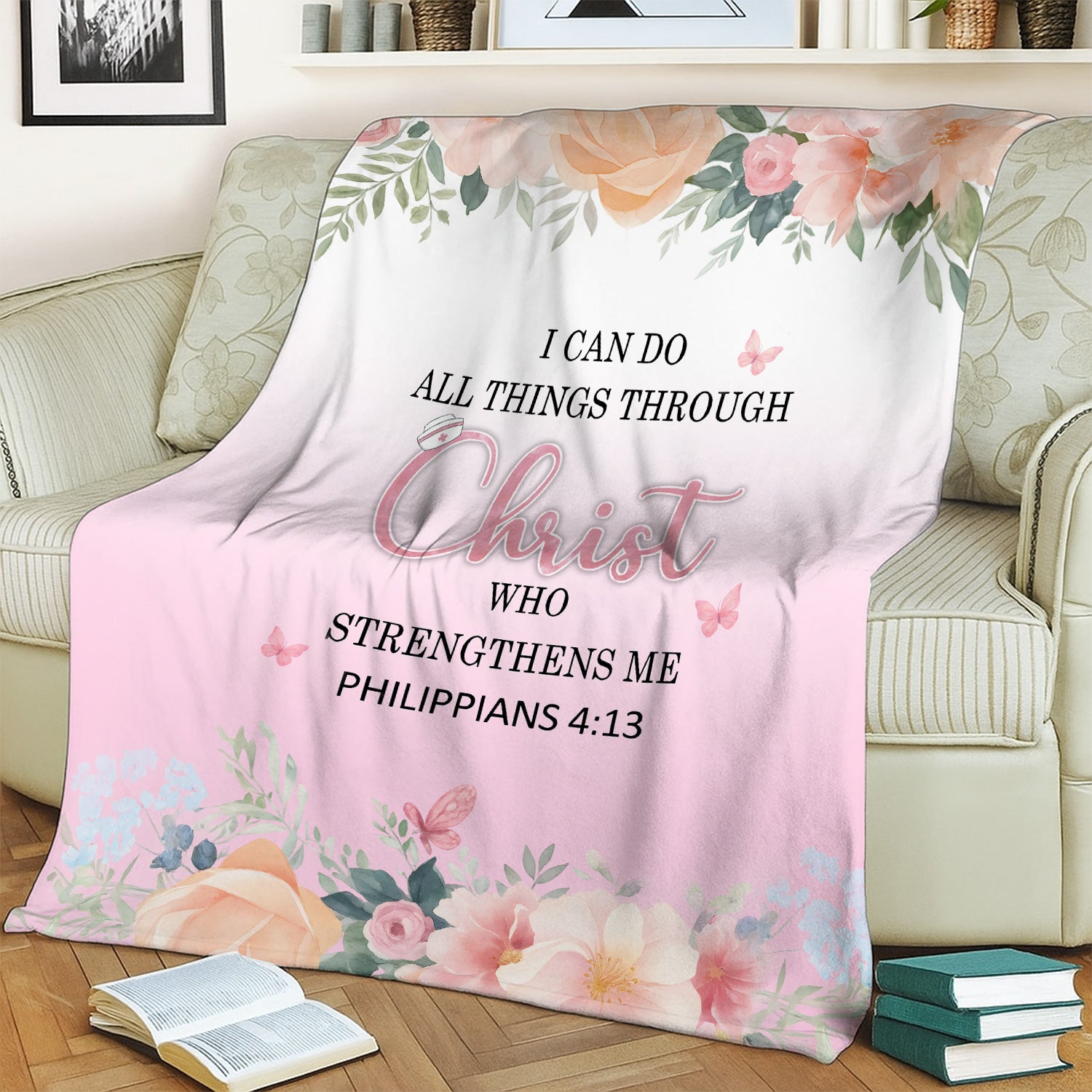 Faith-Based Nurse Blanket - All Things Through Christ Bible Verse - Gift for RN LPN CNA Healthcare Staff