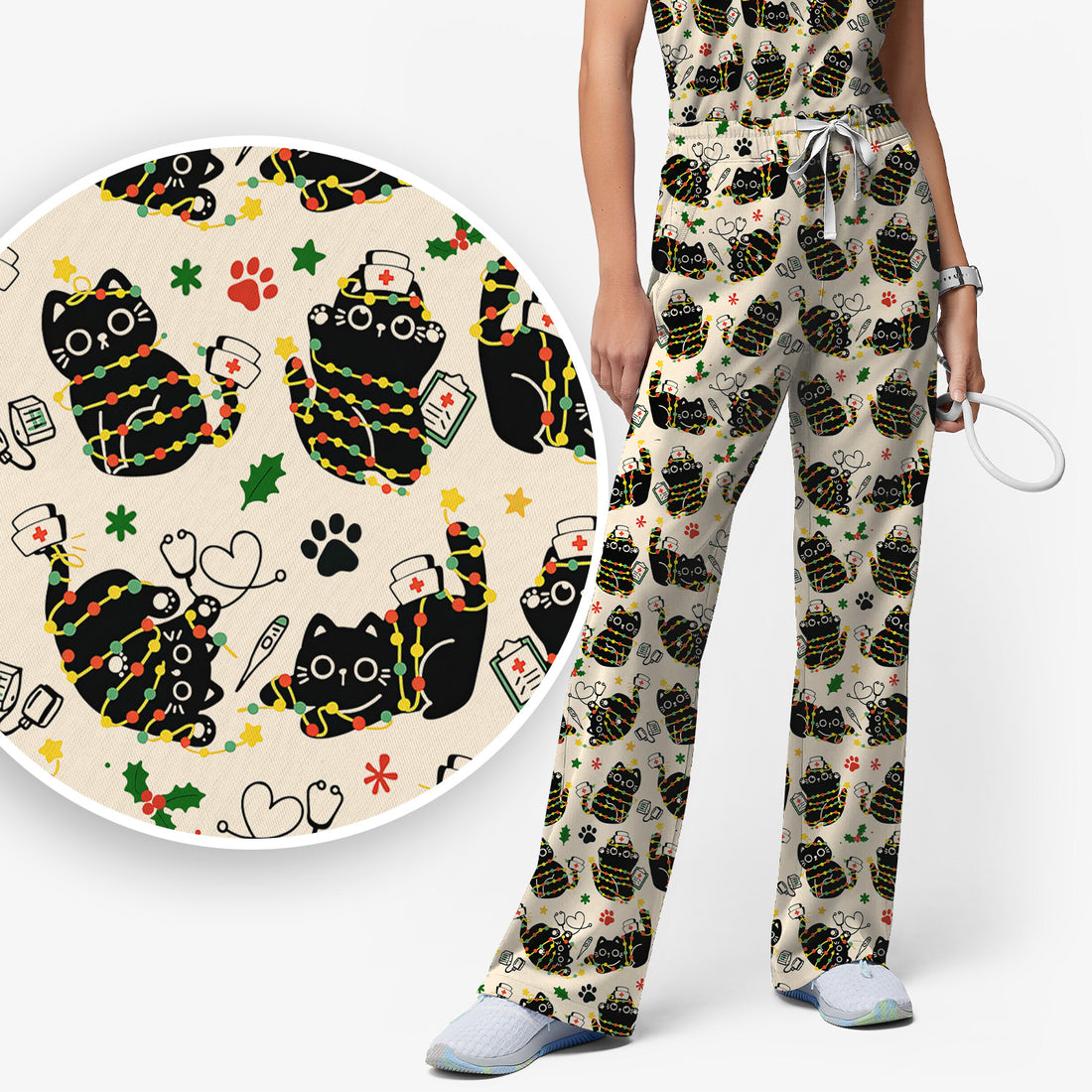 Black Cat Christmas Scrub Set – Nurse & Holiday Lights Pattern Shirt – Cute Medical Uniform For Nursing