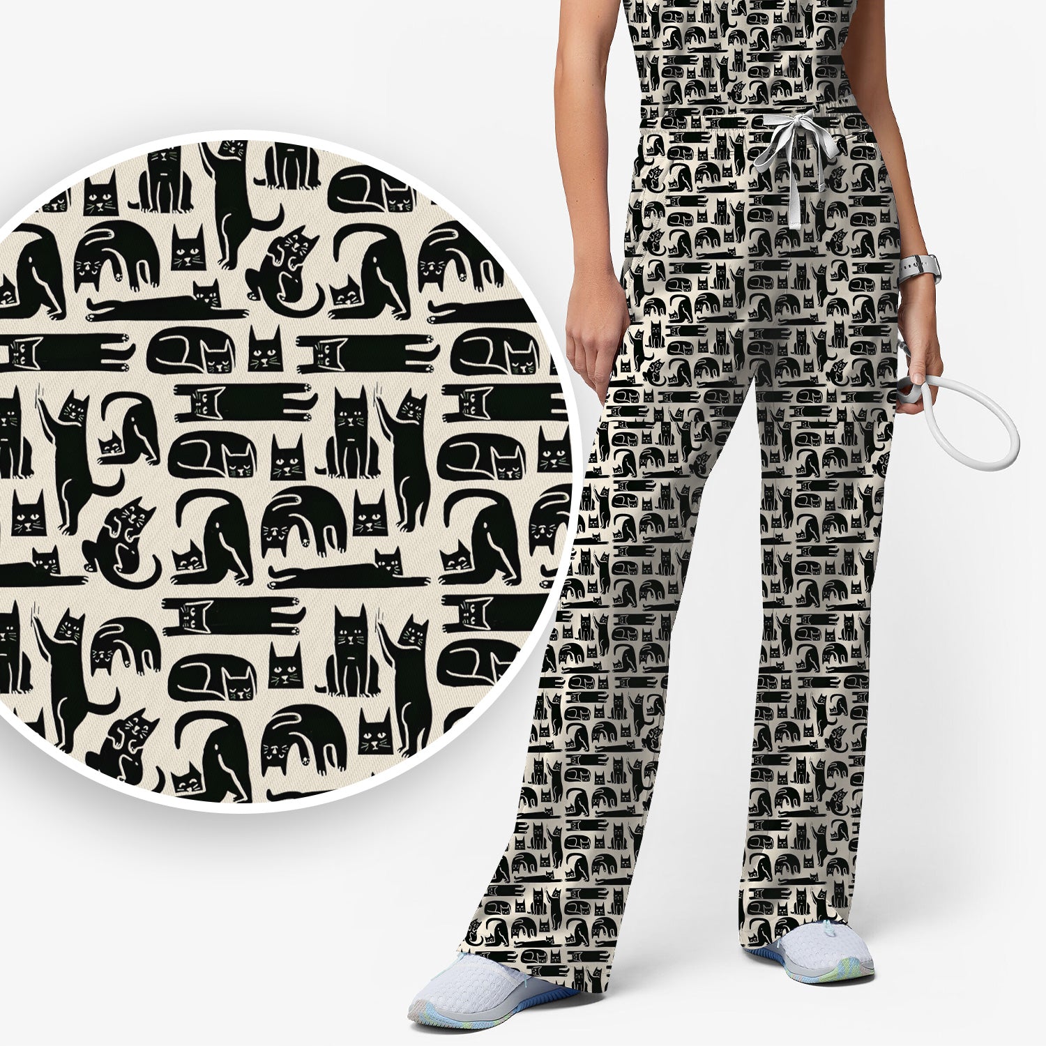 Cute Funny Cat Poses Print Scrub Sets, Scrub Pants and V Neck Top