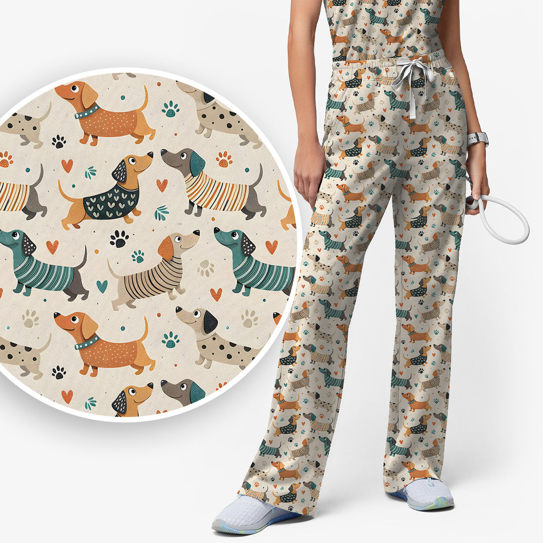 Fun Dachshund Dog Paw Heart Pattern Scrub Set, Scrub Pants and V Neck Top
