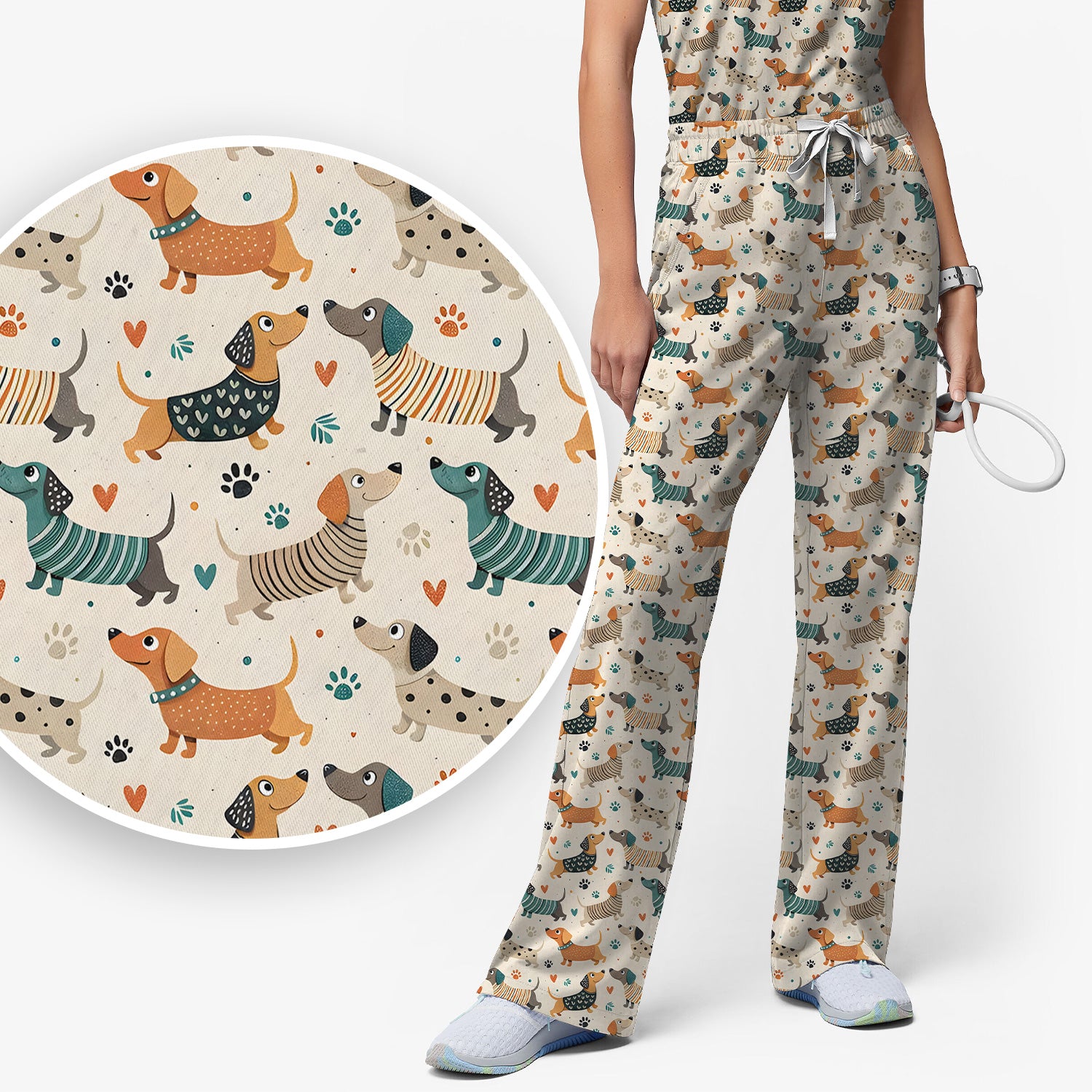 Fun Dachshund Dog Paw Heart Pattern Scrub Set, Scrub Pants and V Neck Top