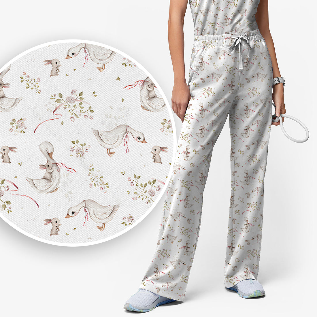Cute Duck Bunny Floral Print Scrub Set, Breathable Med Uniform