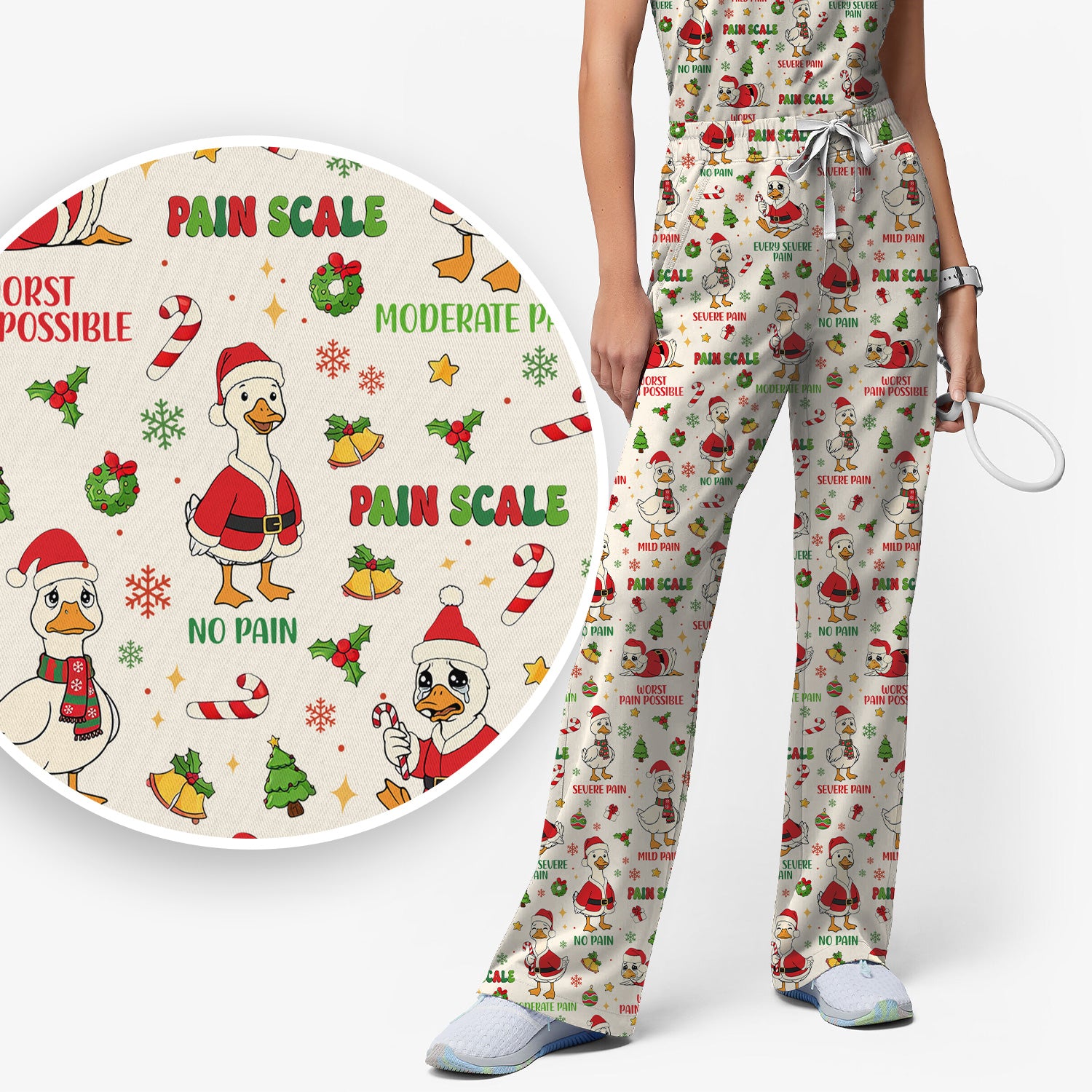 Christmas Nurse Scrub Set - Funny Goose Pain Scale Pants and V Neck Top - Cute Holiday Medical Uniform for RN LPN CNA